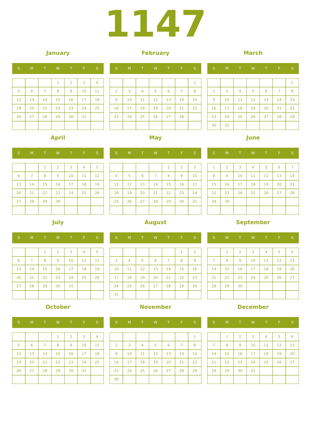 Printable 1147 Year Calendars chartreuse