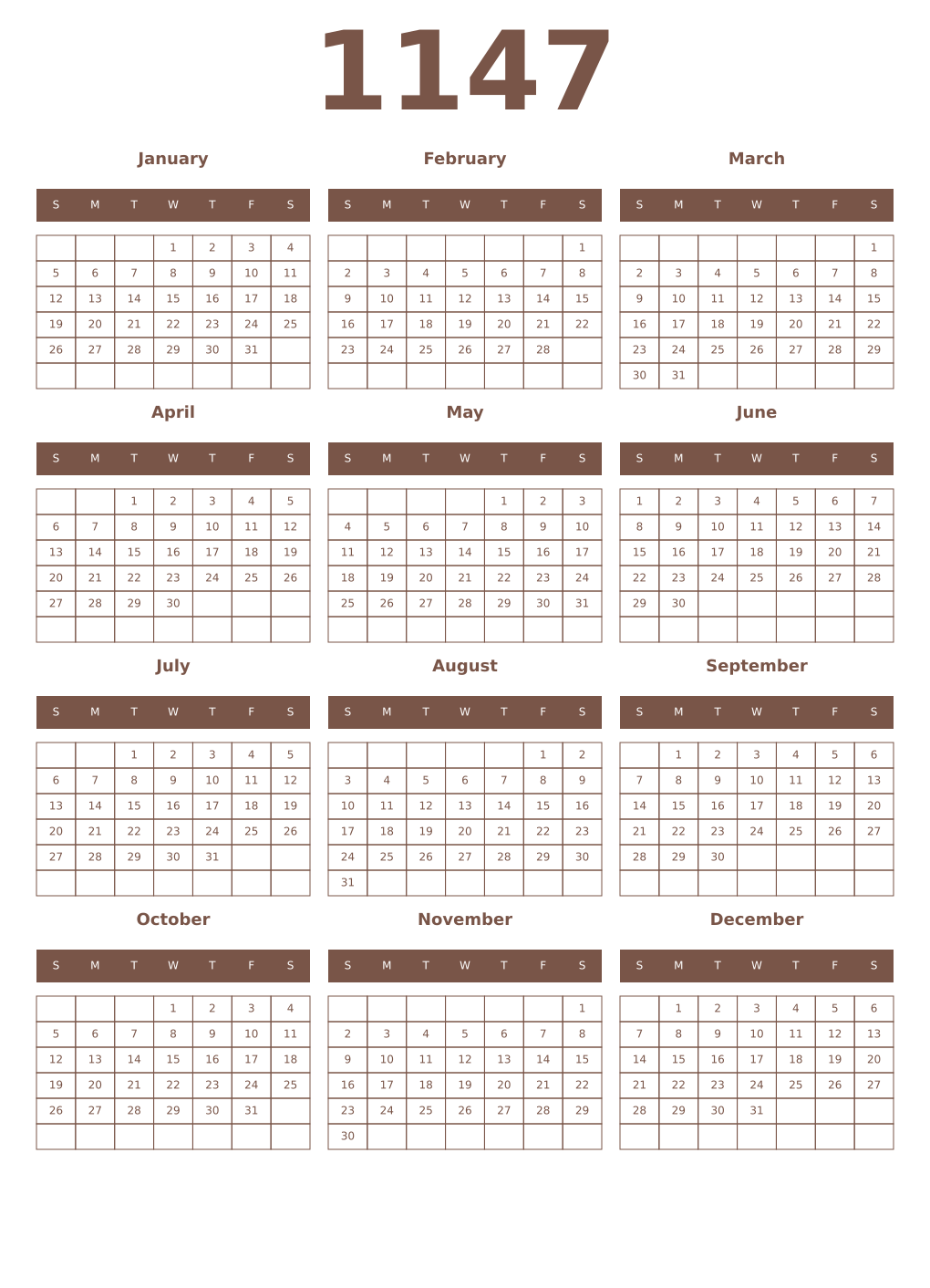 Printable 1147 Year Calendars coffe