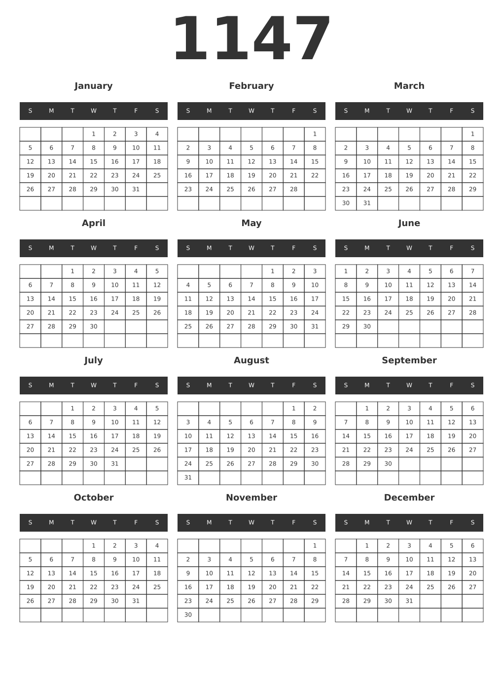 Printable 1147 Year Calendars dark