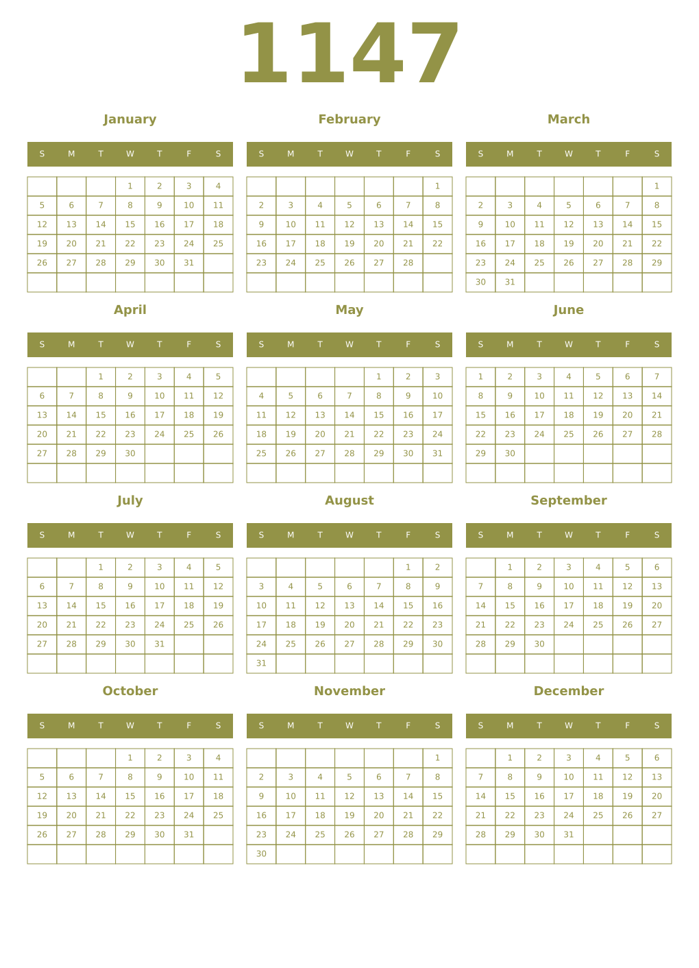 Printable 1147 Year Calendars eburnean