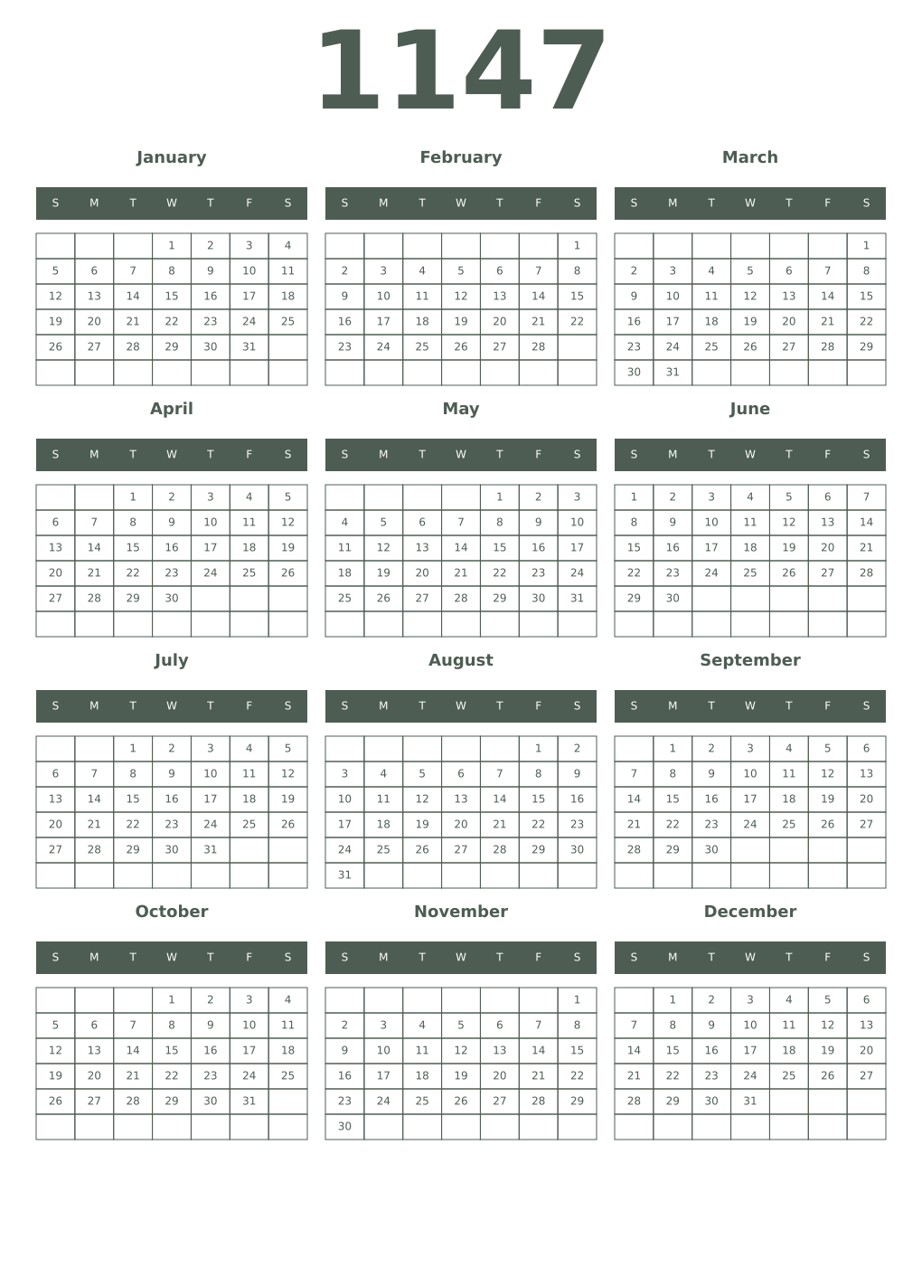 Printable 1147 Year Calendars feldgrau