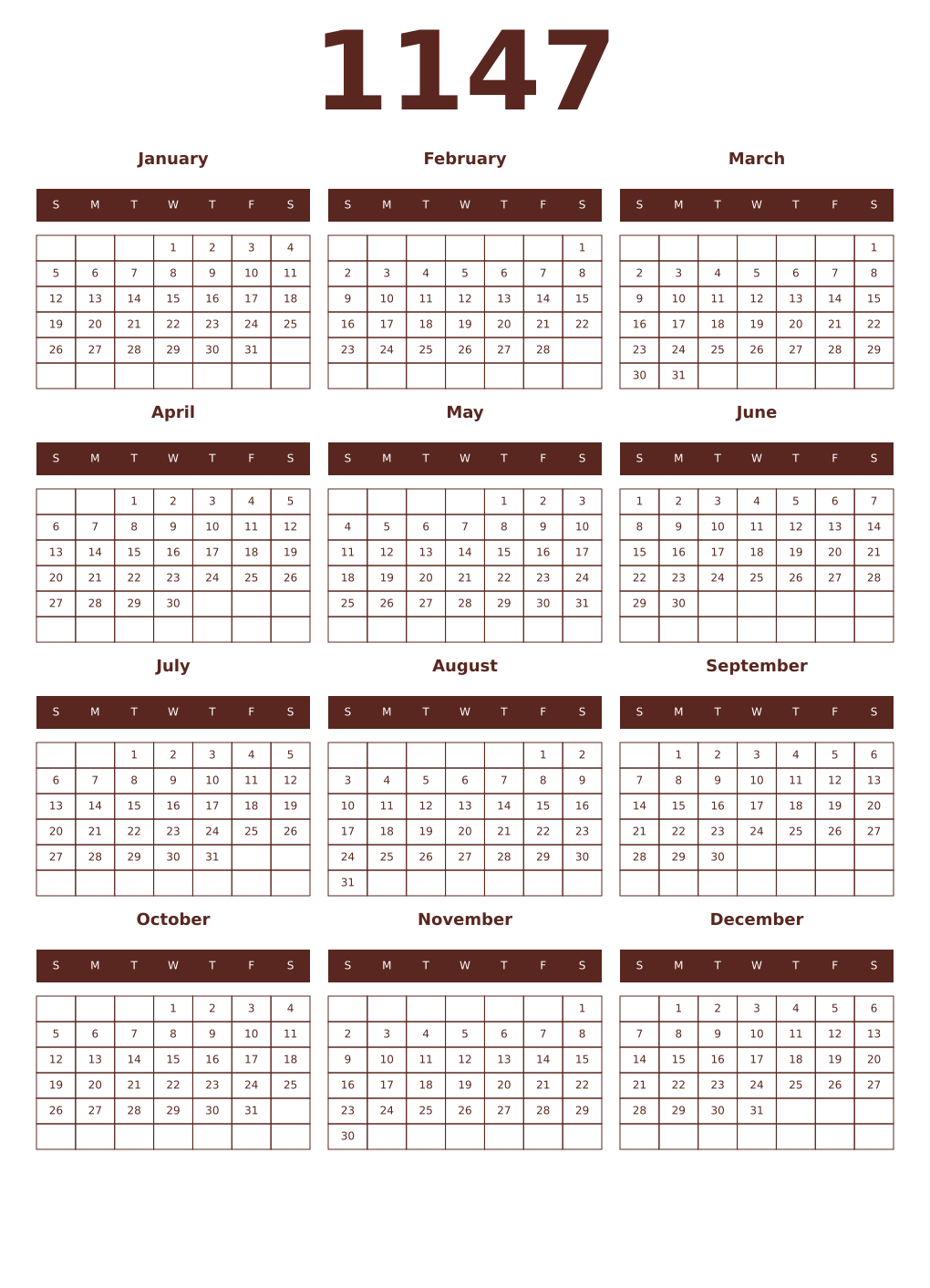 Printable 1147 Year Calendars mortuum
