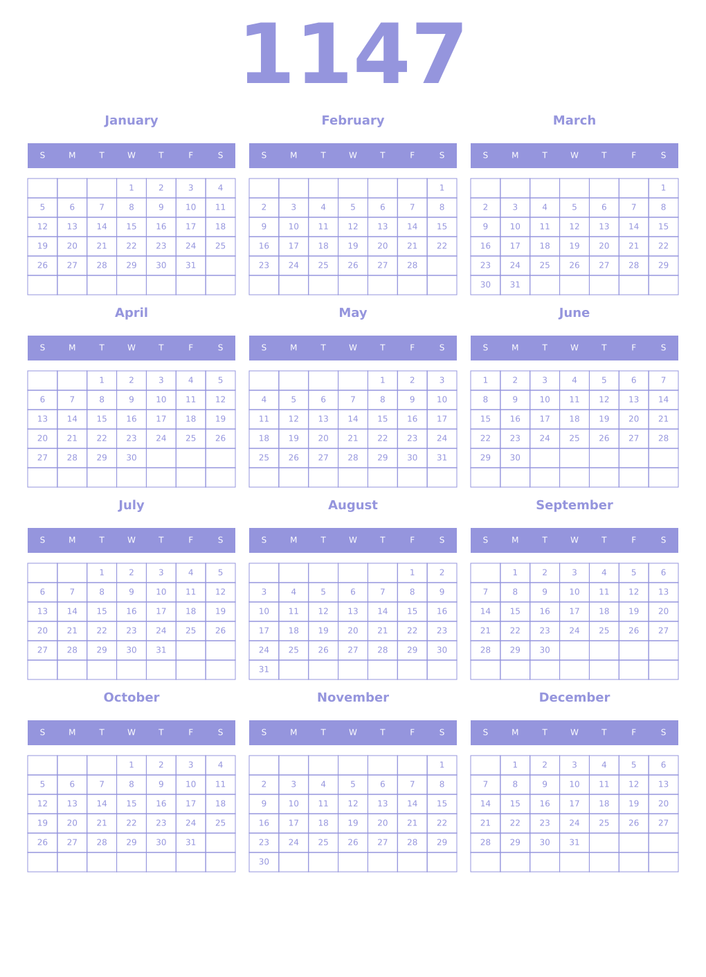 Printable 1147 Year Calendars periwinkle