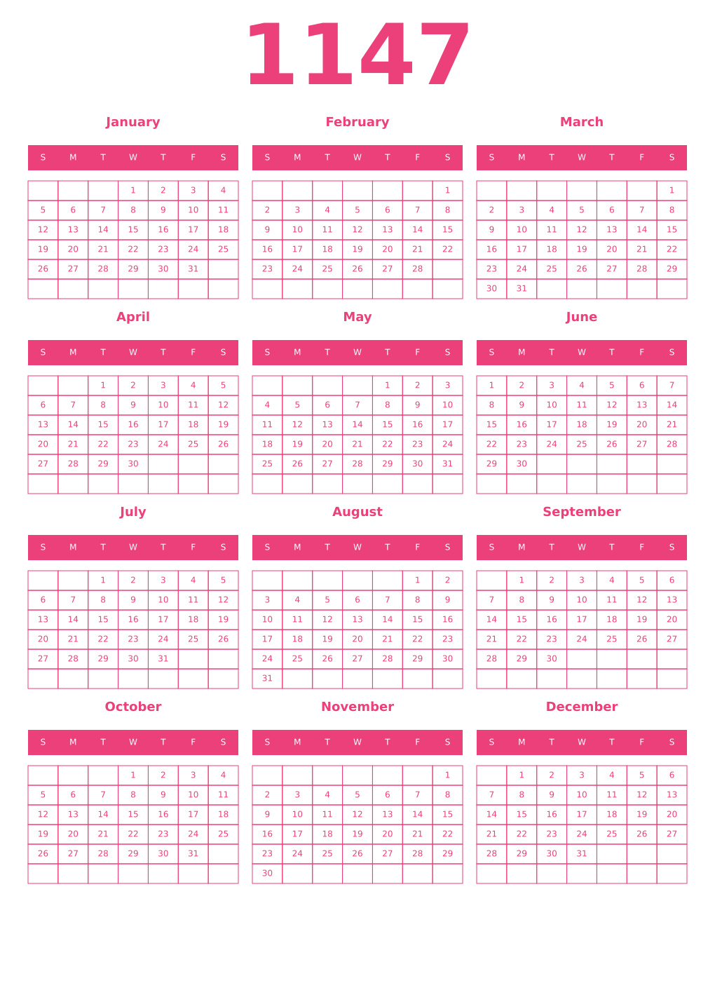 Printable 1147 Year Calendars pink