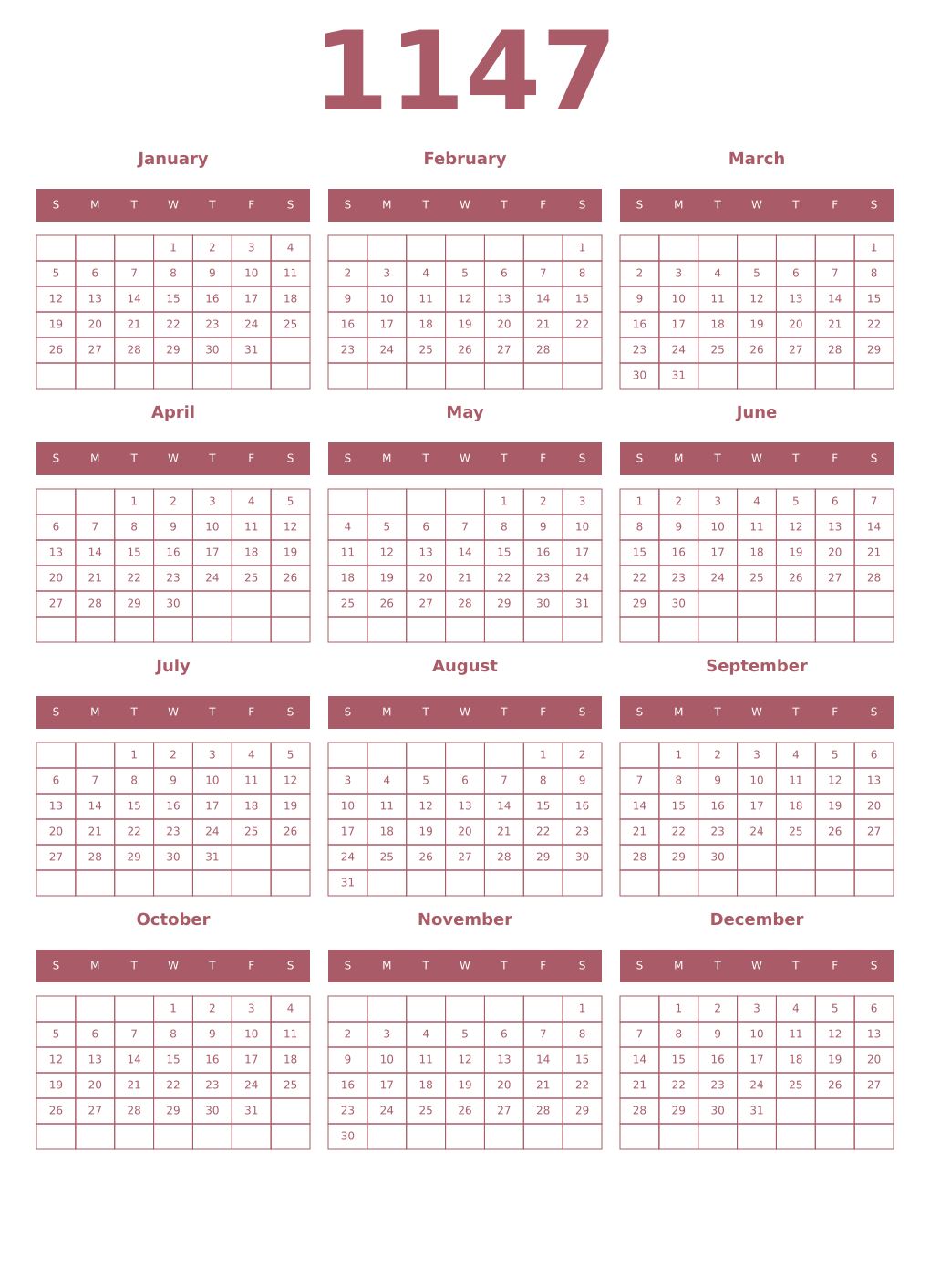 Printable 1147 Year Calendars puce