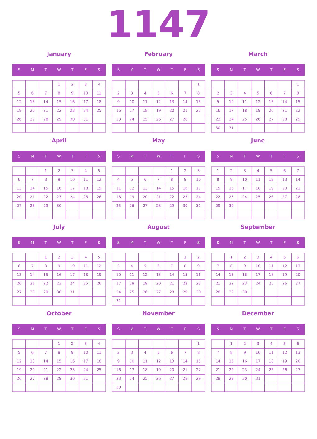 Printable 1147 Year Calendars purple