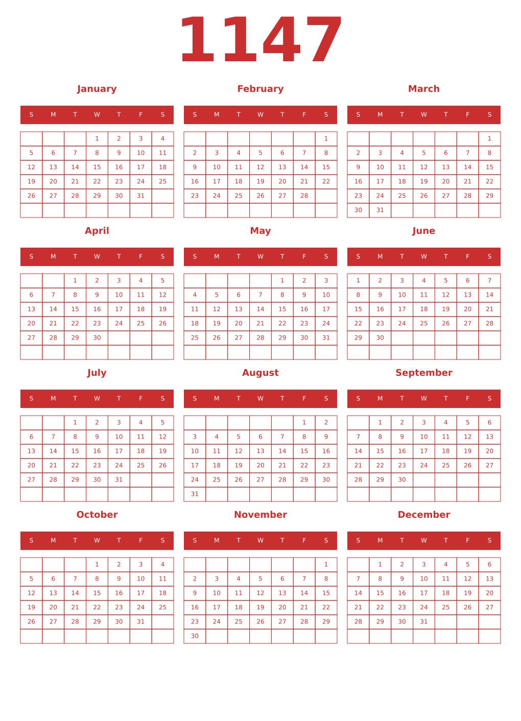 Printable 1147 Year Calendars red