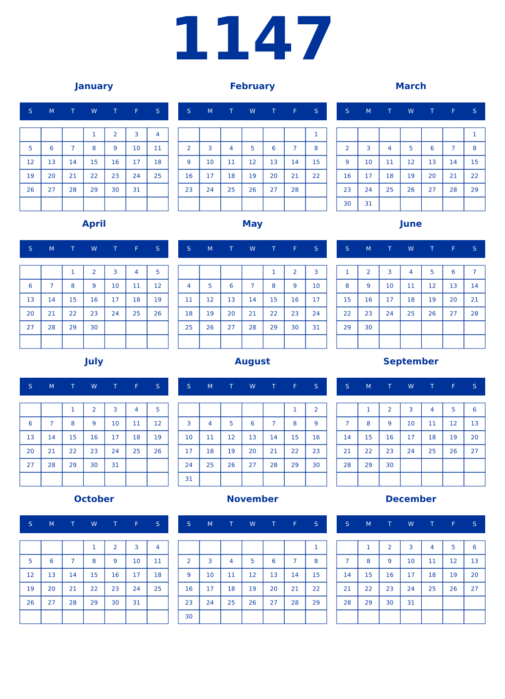 Printable 1147 Year Calendars smalt