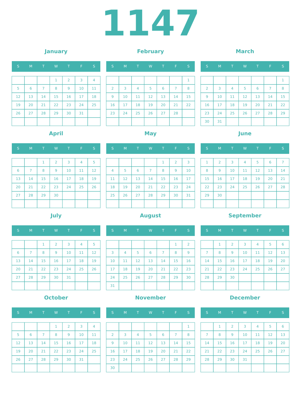 Printable 1147 Year Calendars verdigris