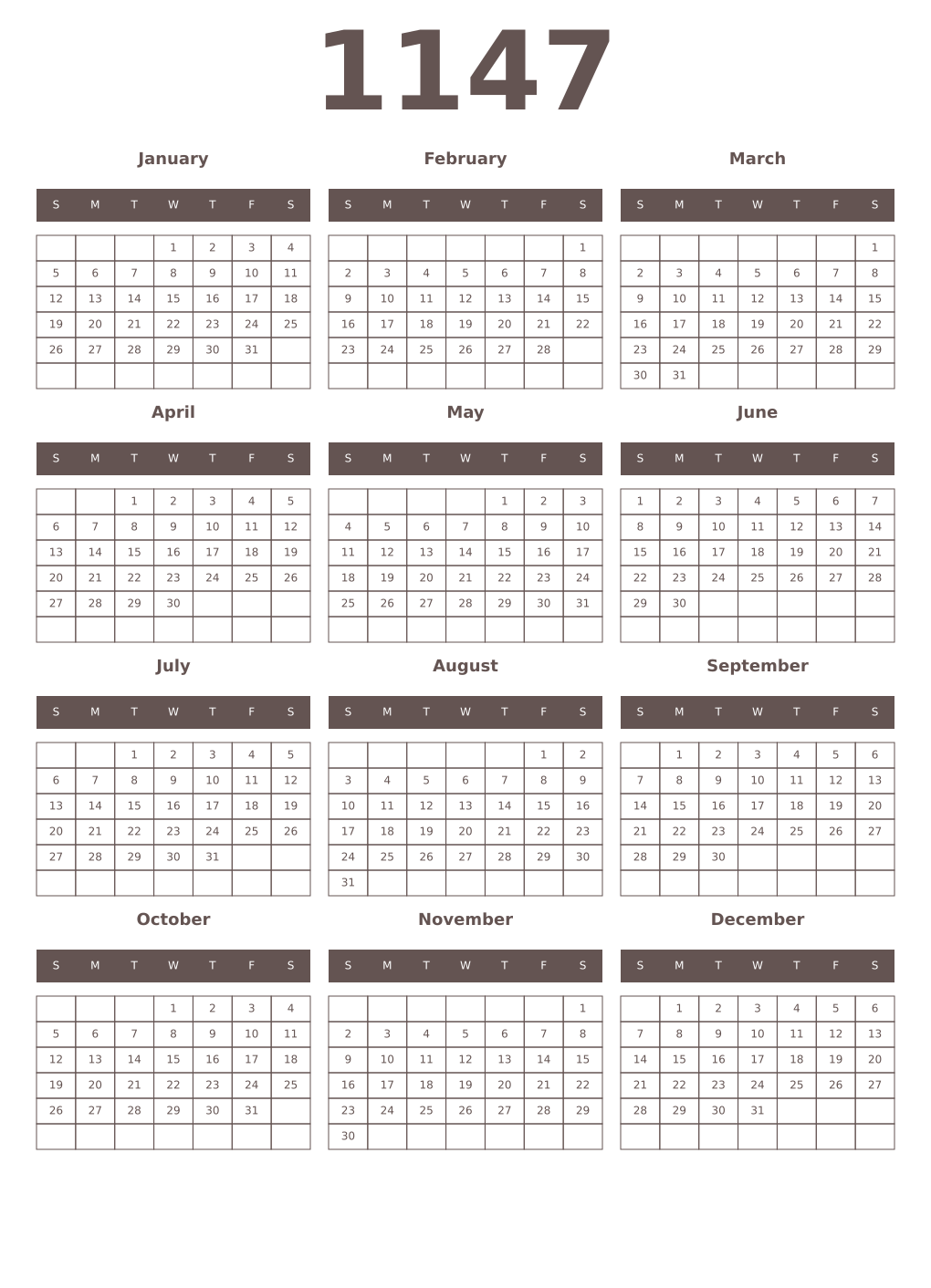 Printable 1147 Year Calendars wenge