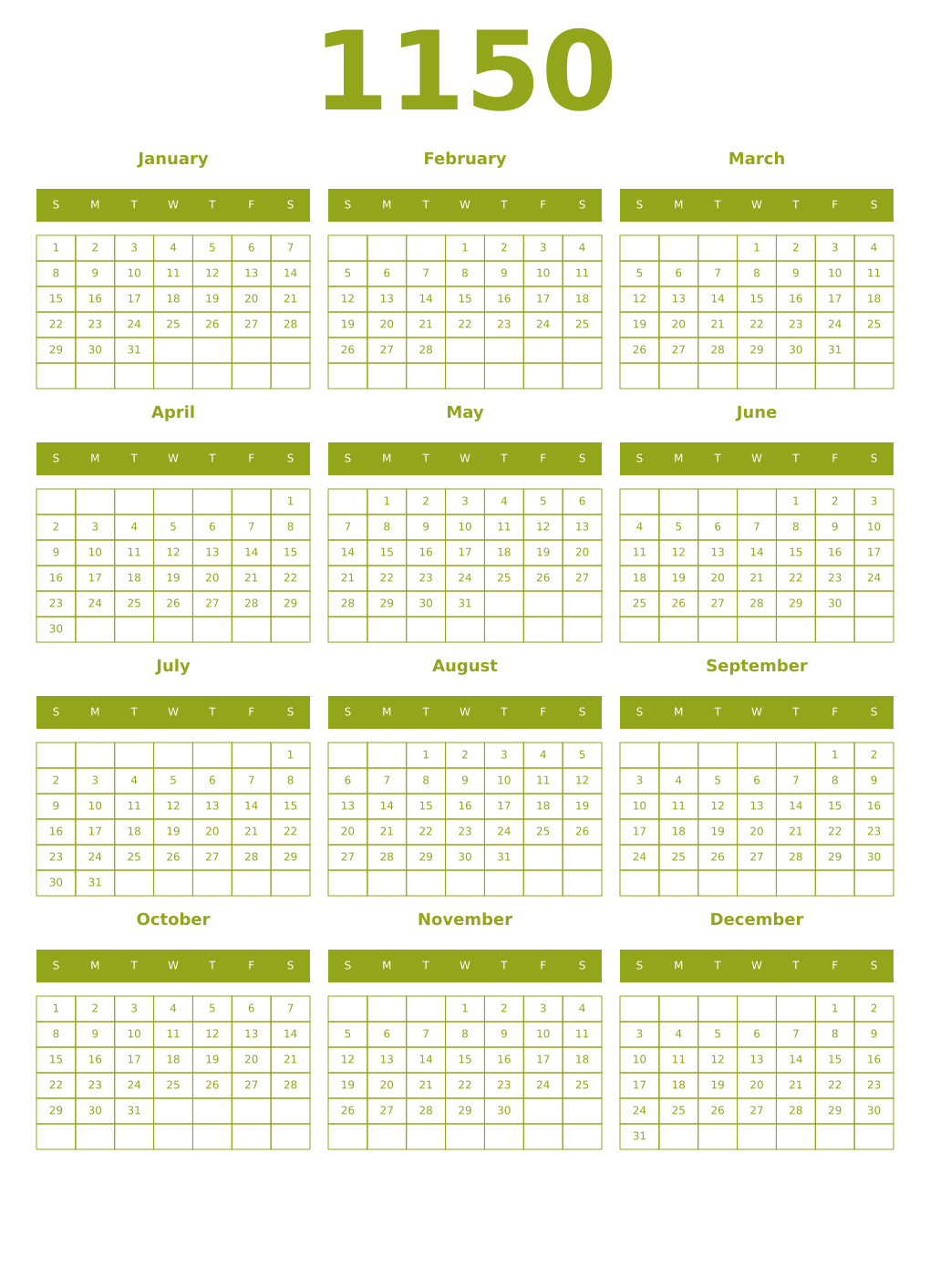 Printable 1150 Year Calendars chartreuse
