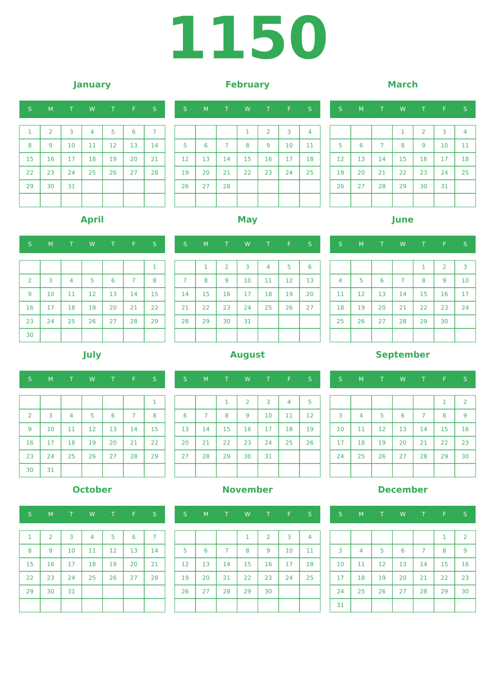 Printable 1150 Year Calendars green