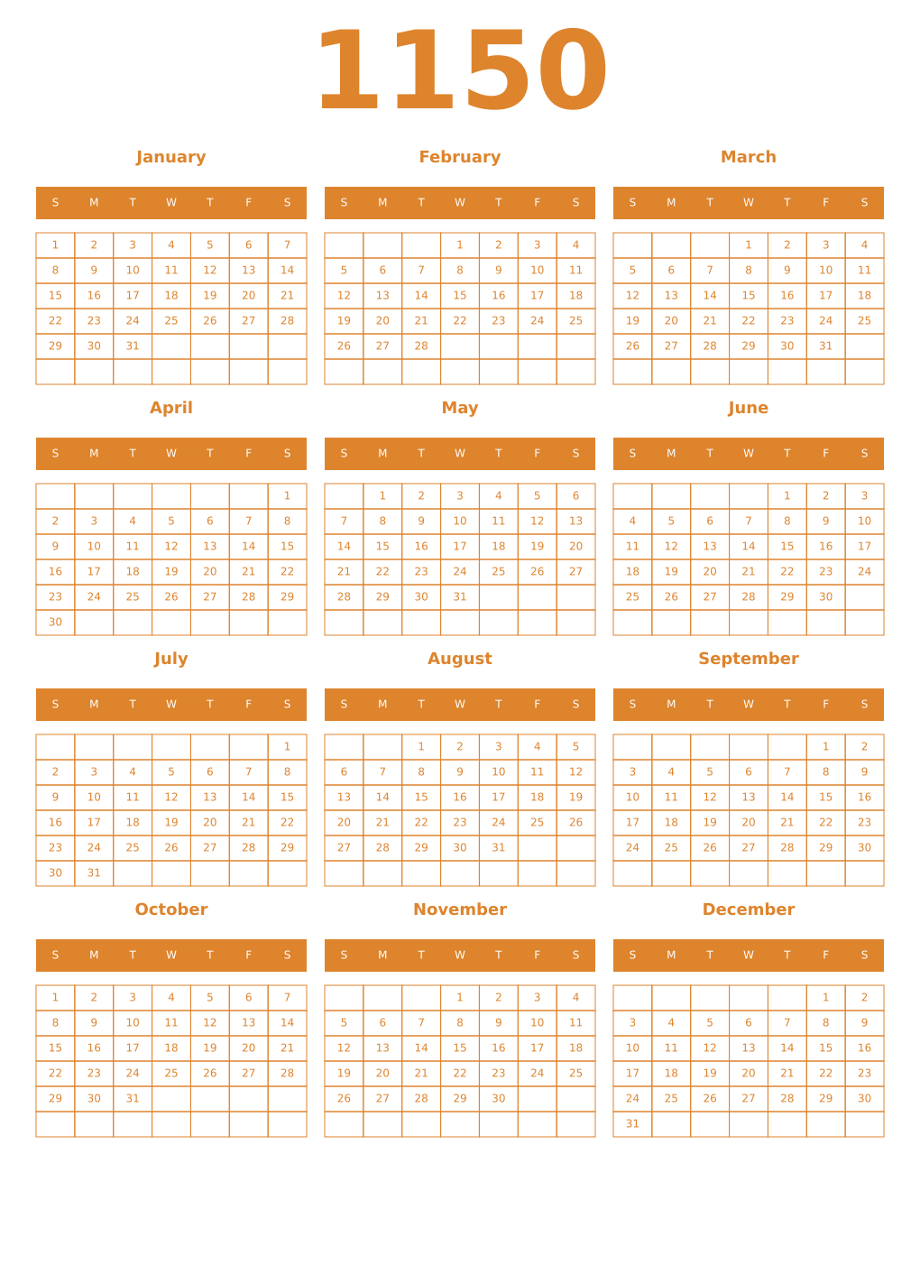 Printable 1150 Year Calendars orange