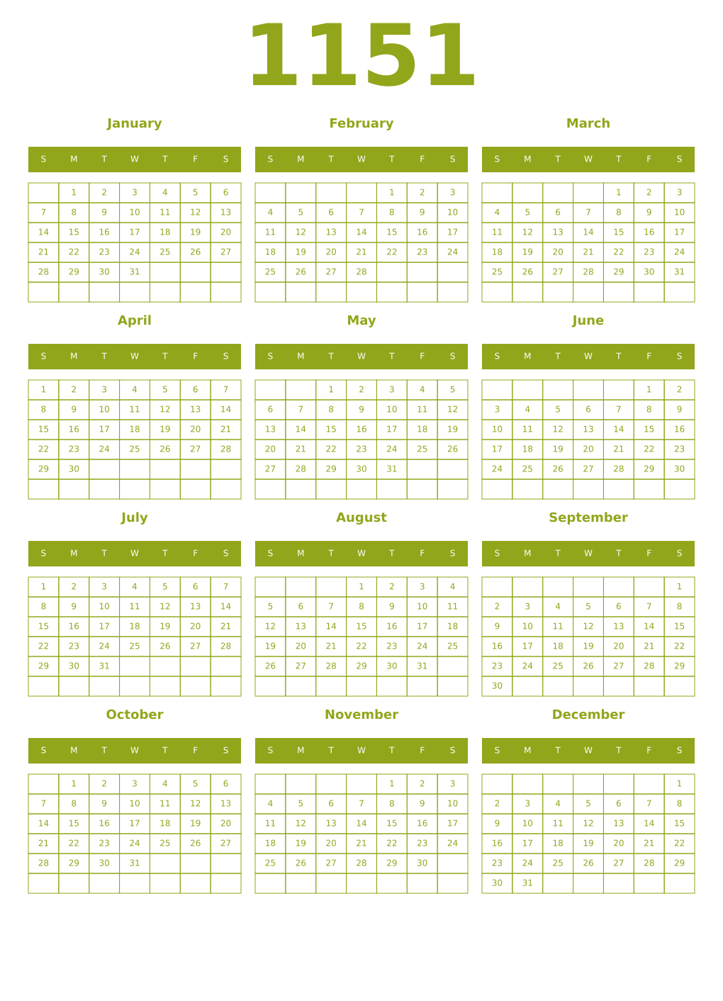 Printable 1151 Year Calendars chartreuse
