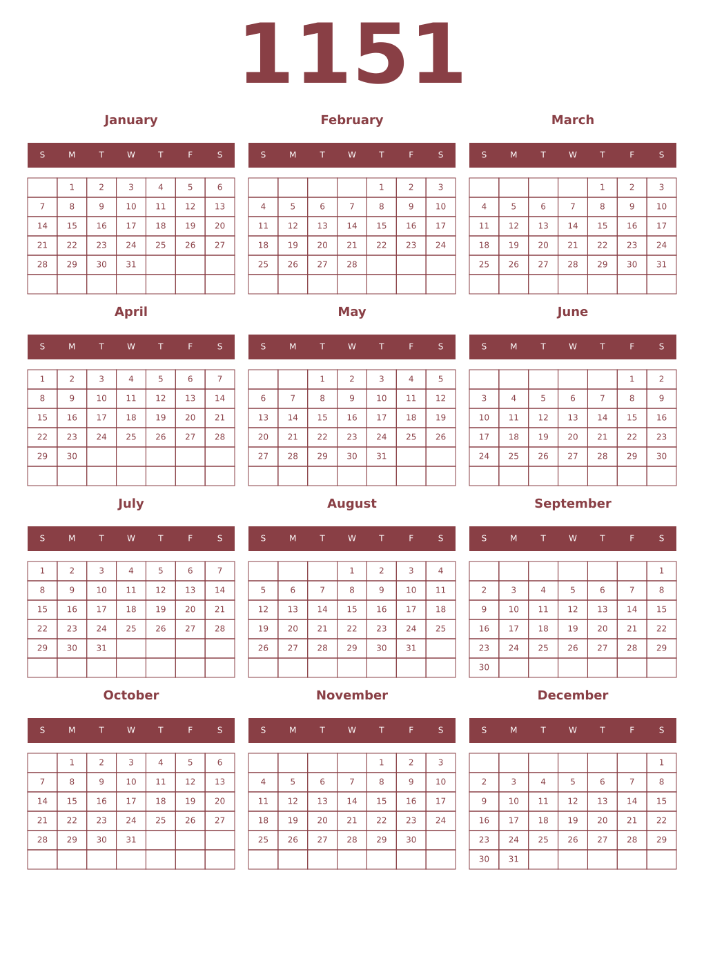 Printable 1151 Year Calendars cordovan