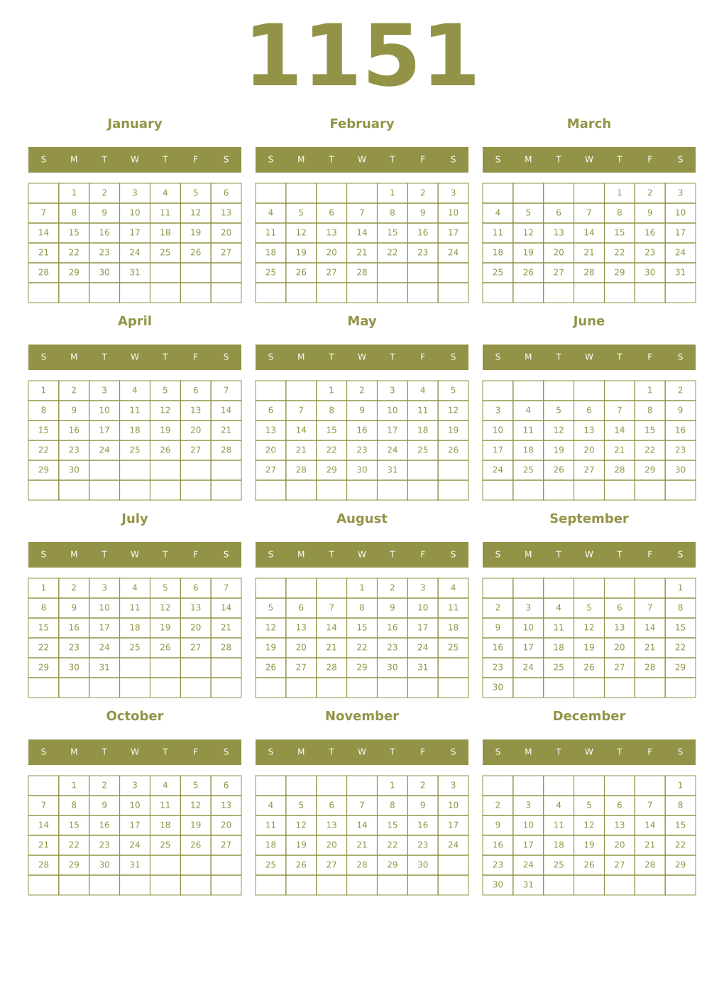Printable 1151 Year Calendars eburnean