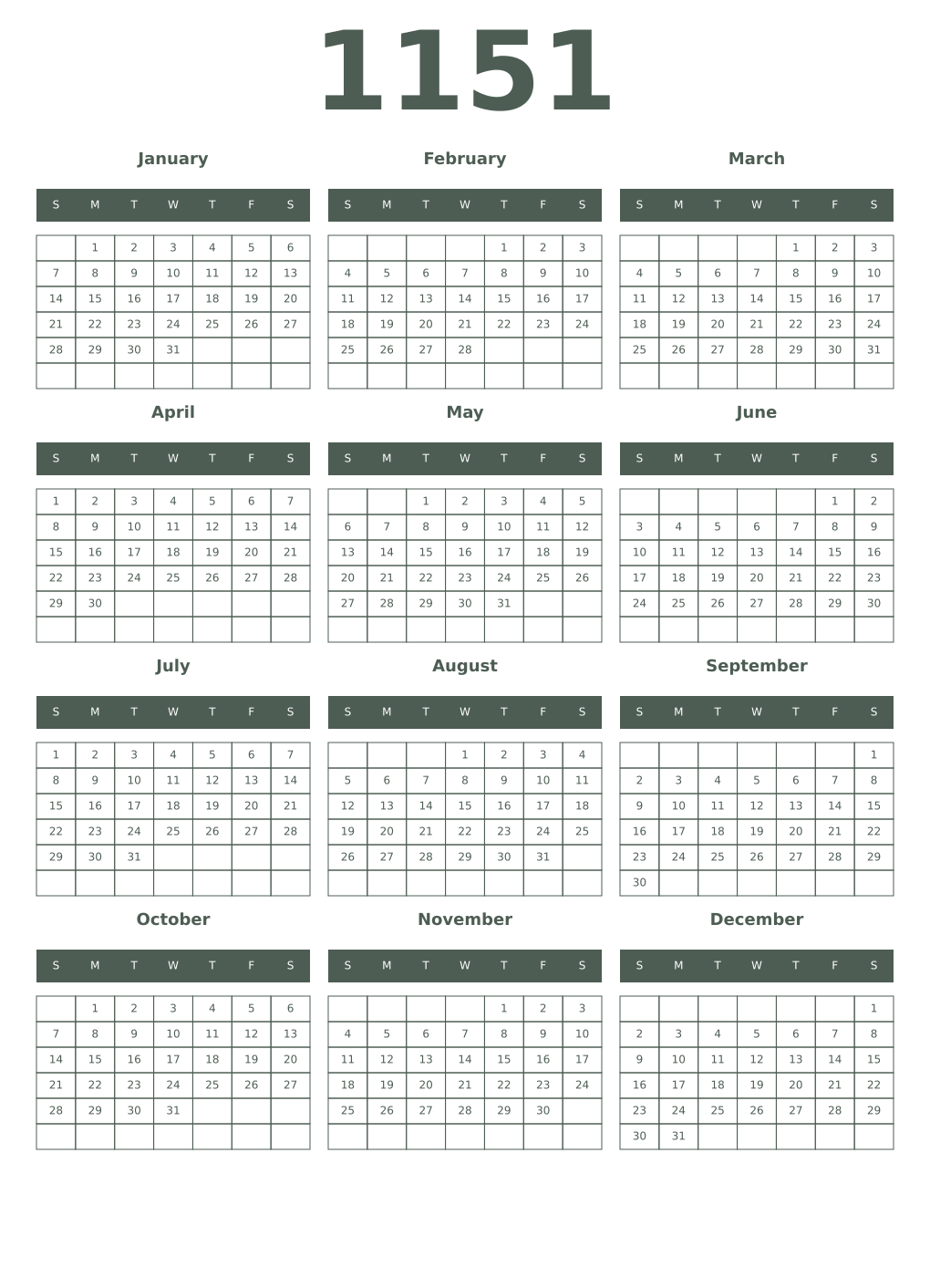 Printable 1151 Year Calendars feldgrau