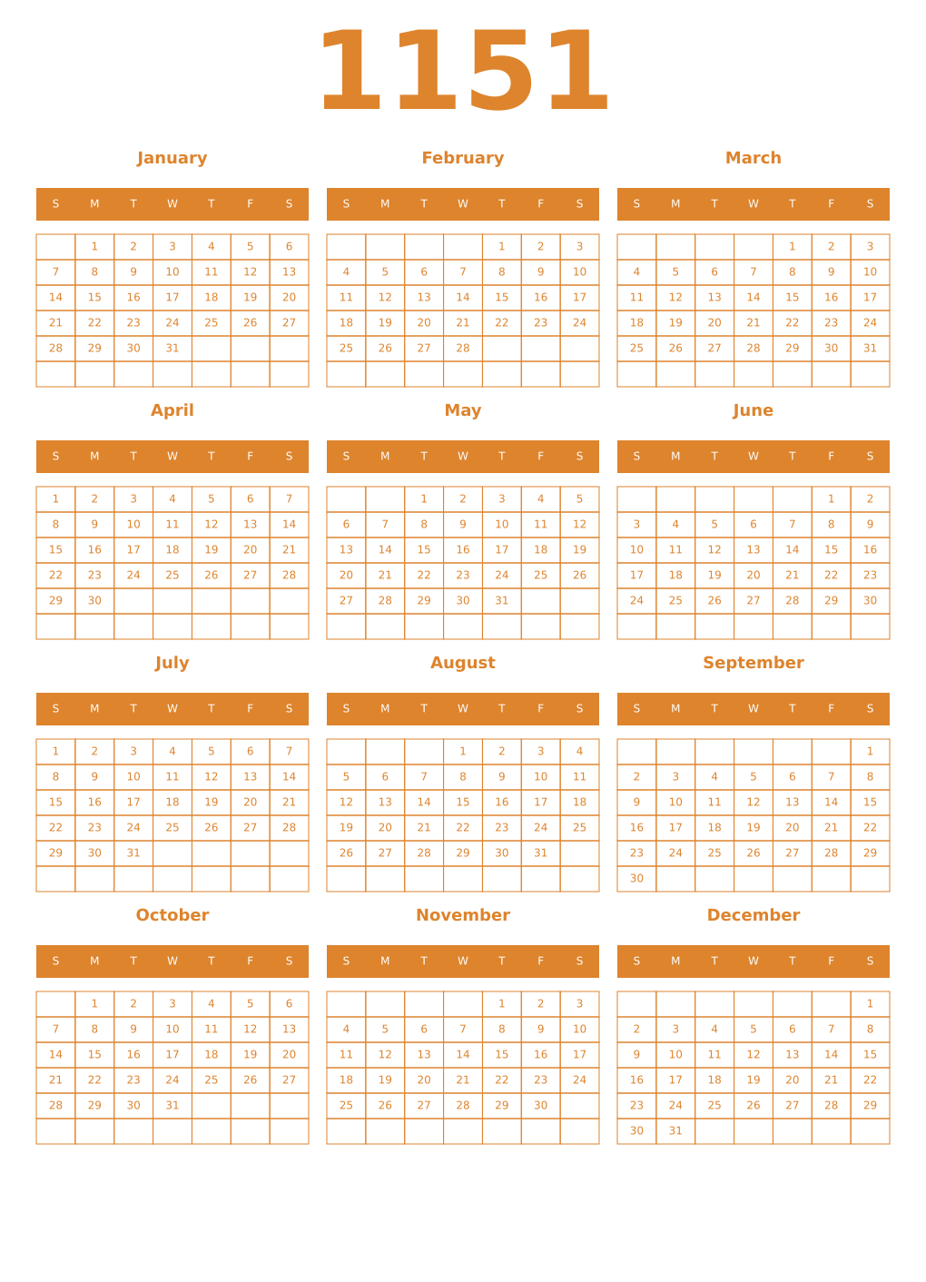 Printable 1151 Year Calendars orange