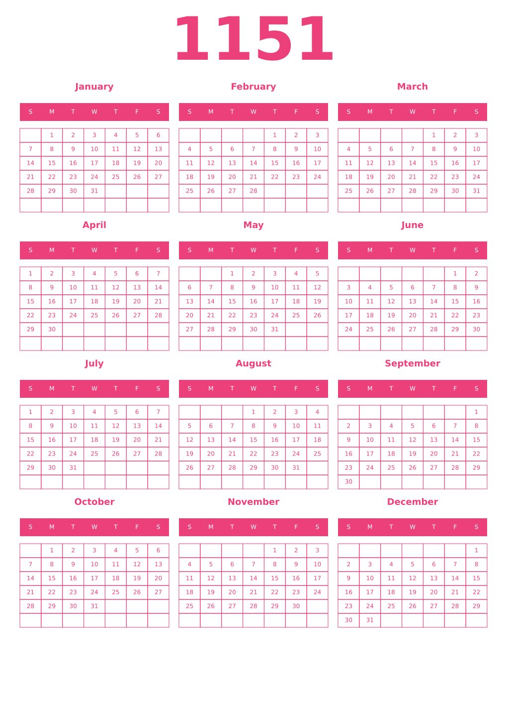 Printable 1151 Year Calendars pink