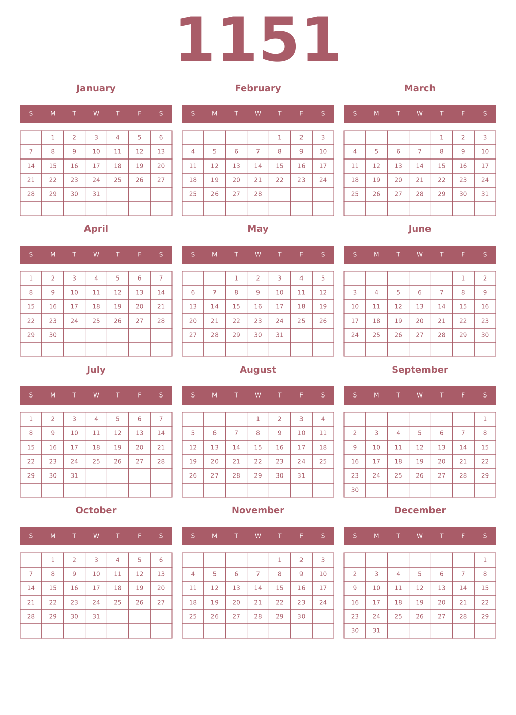 Printable 1151 Year Calendars puce