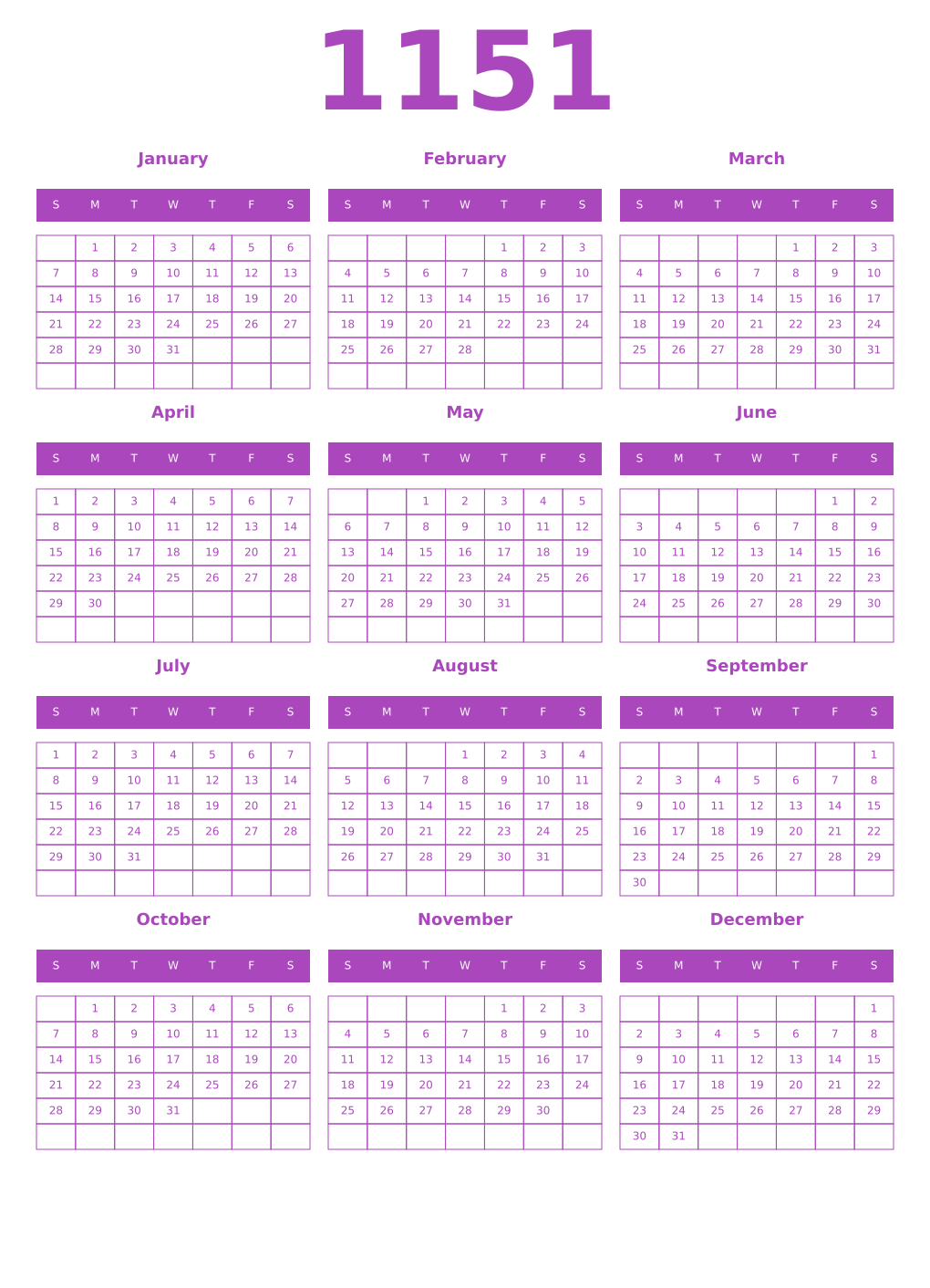Printable 1151 Year Calendars purple
