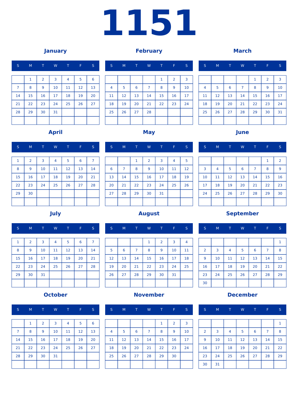 Printable 1151 Year Calendars smalt