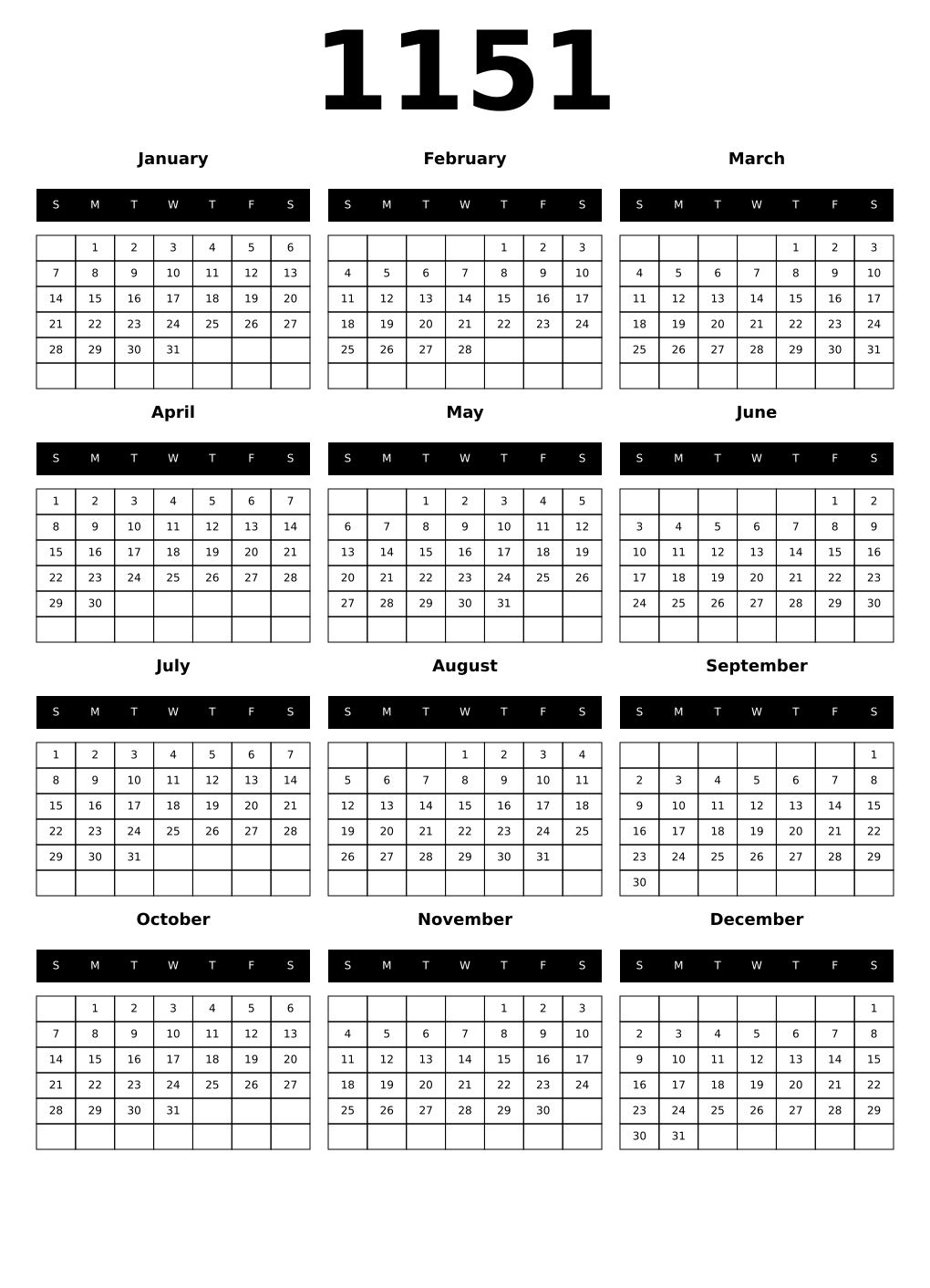 Printable 1151 Calendars