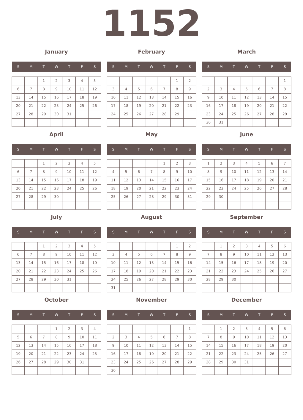 Printable 1152 Year Calendars wenge