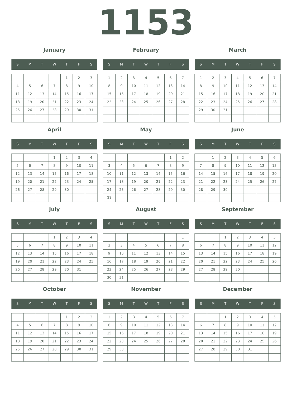 Printable 1153 Year Calendars feldgrau