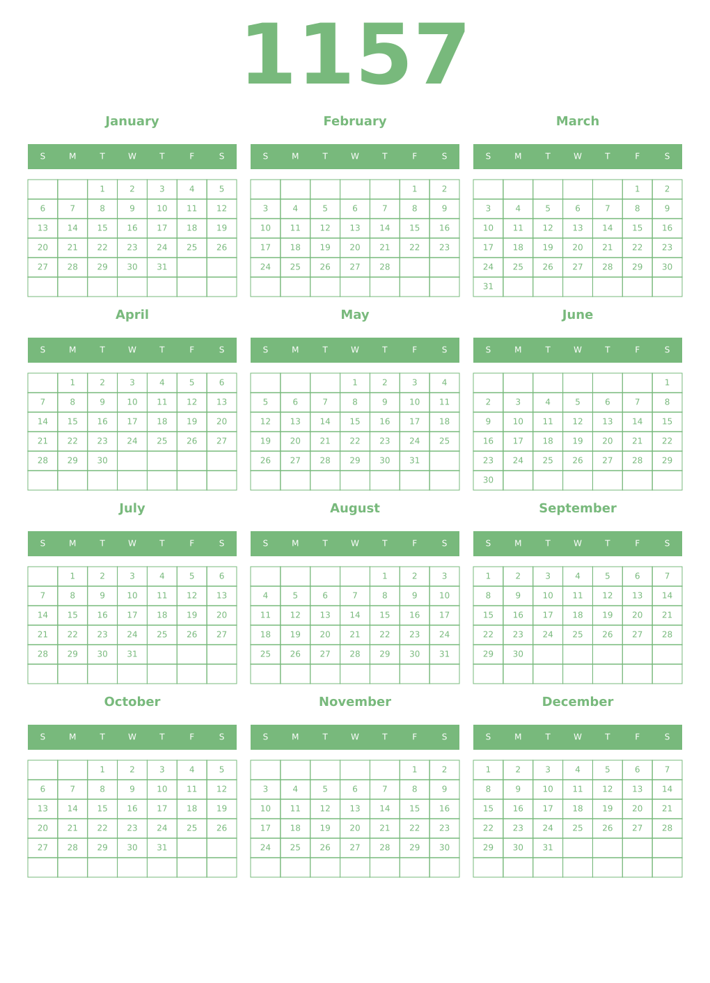 Printable 1157 Year Calendars celadon