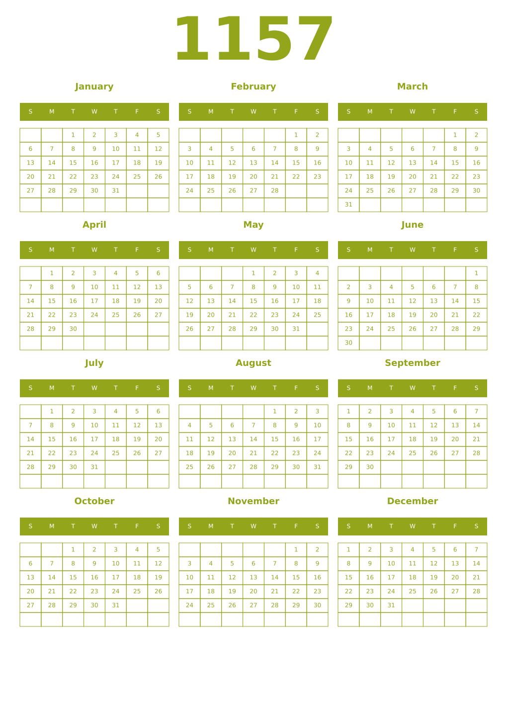 Printable 1157 Year Calendars chartreuse