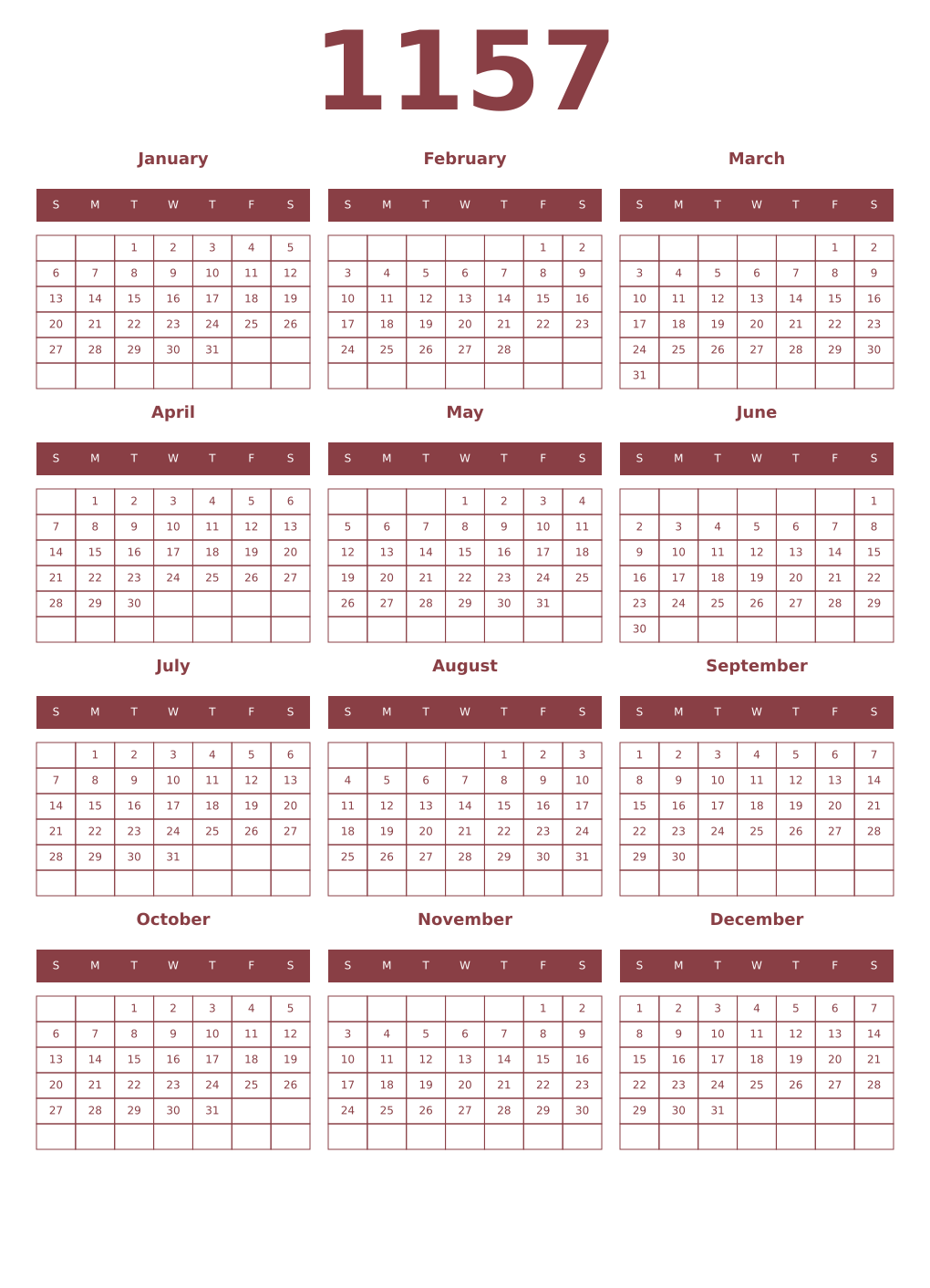 Printable 1157 Year Calendars cordovan