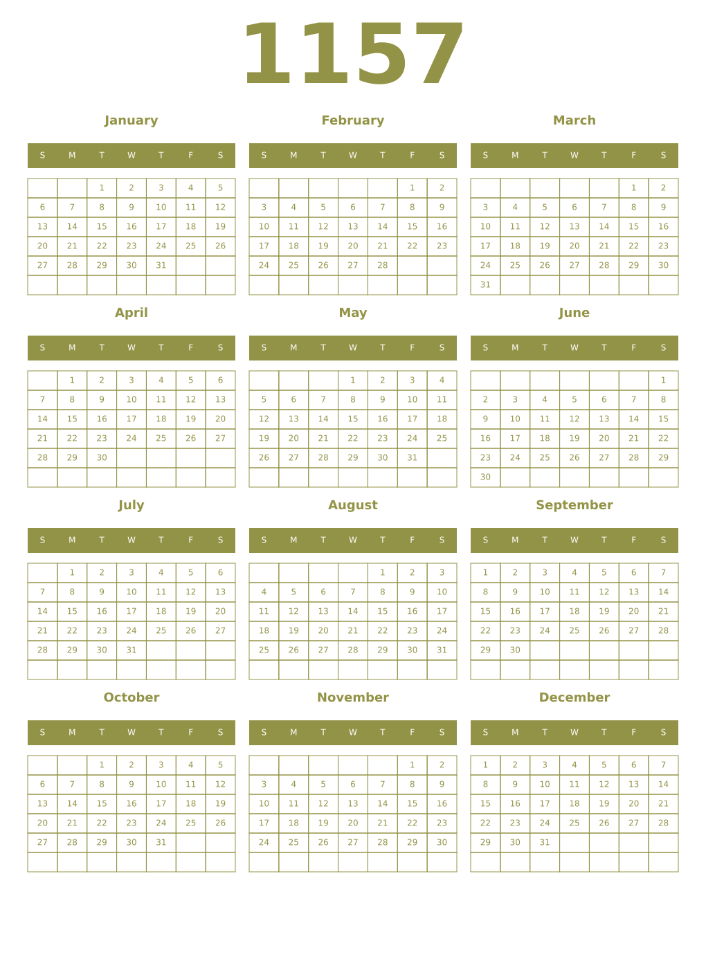 Printable 1157 Year Calendars eburnean