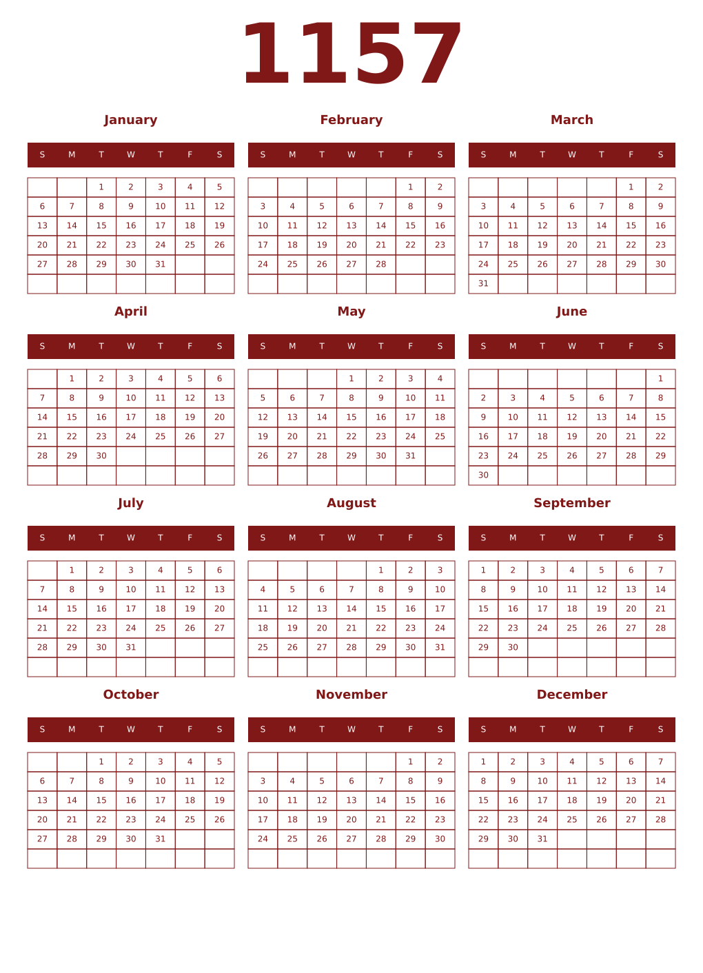 Printable 1157 Year Calendars falu