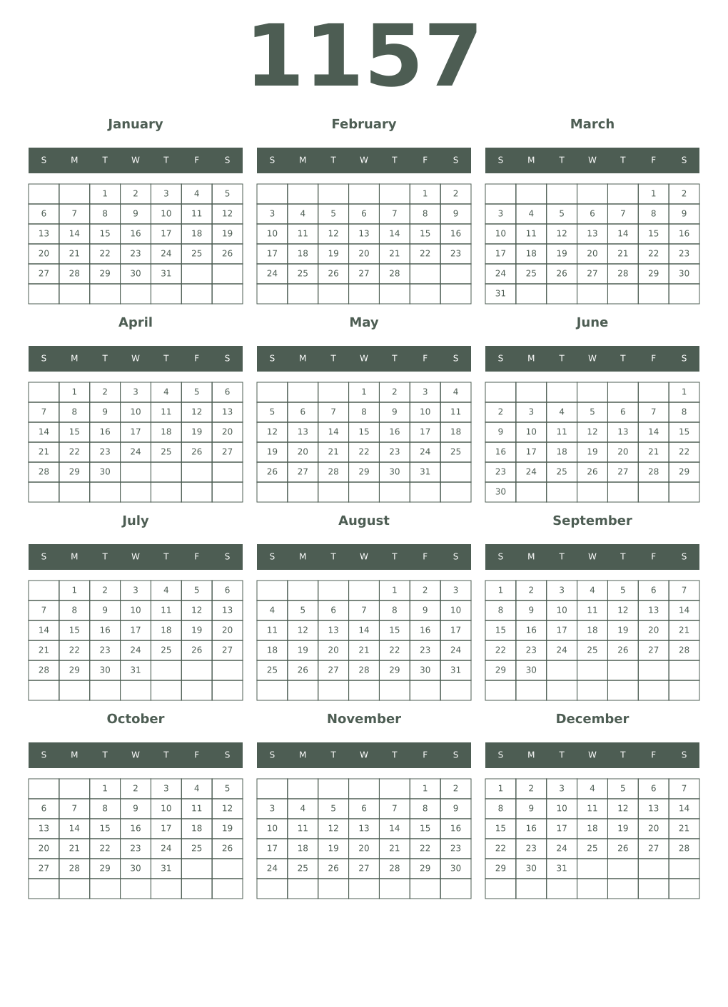 Printable 1157 Year Calendars feldgrau