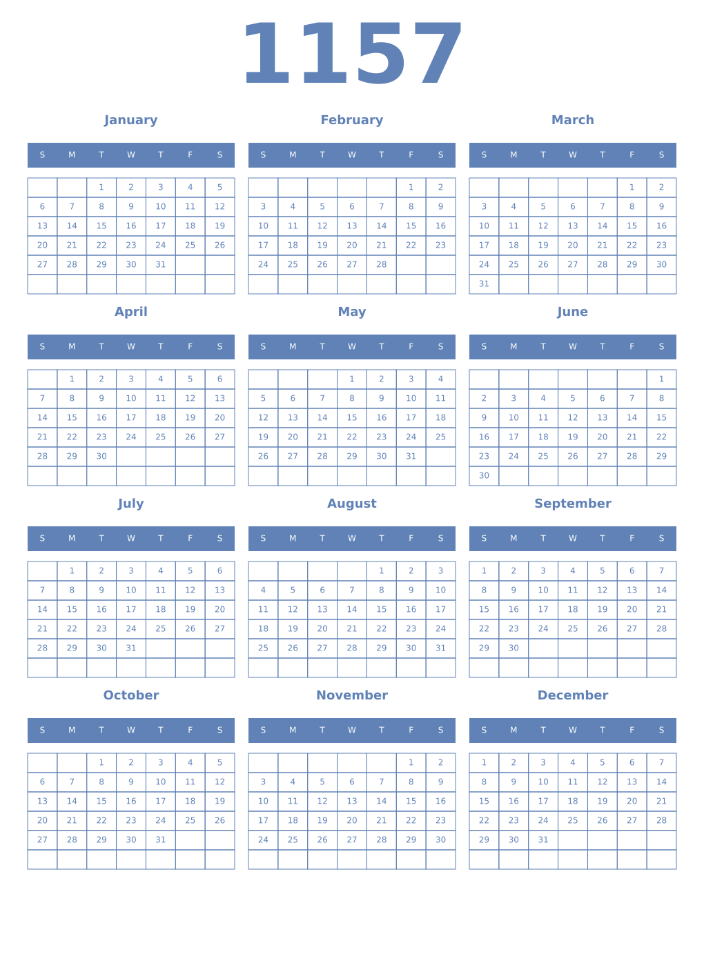 Printable 1157 Year Calendars glaucous
