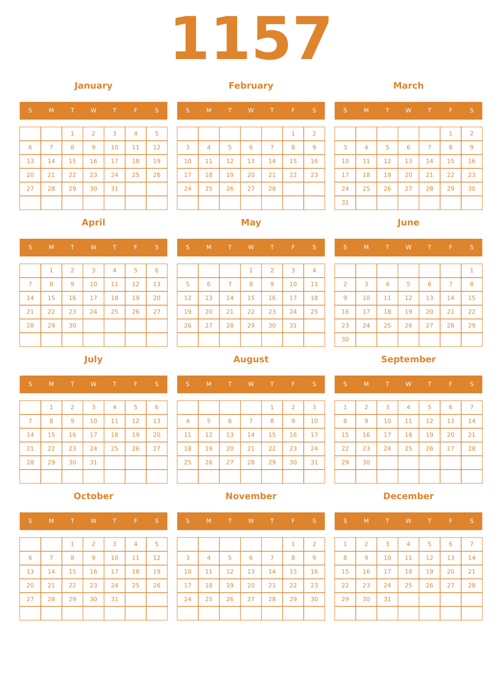 Printable 1157 Year Calendars orange