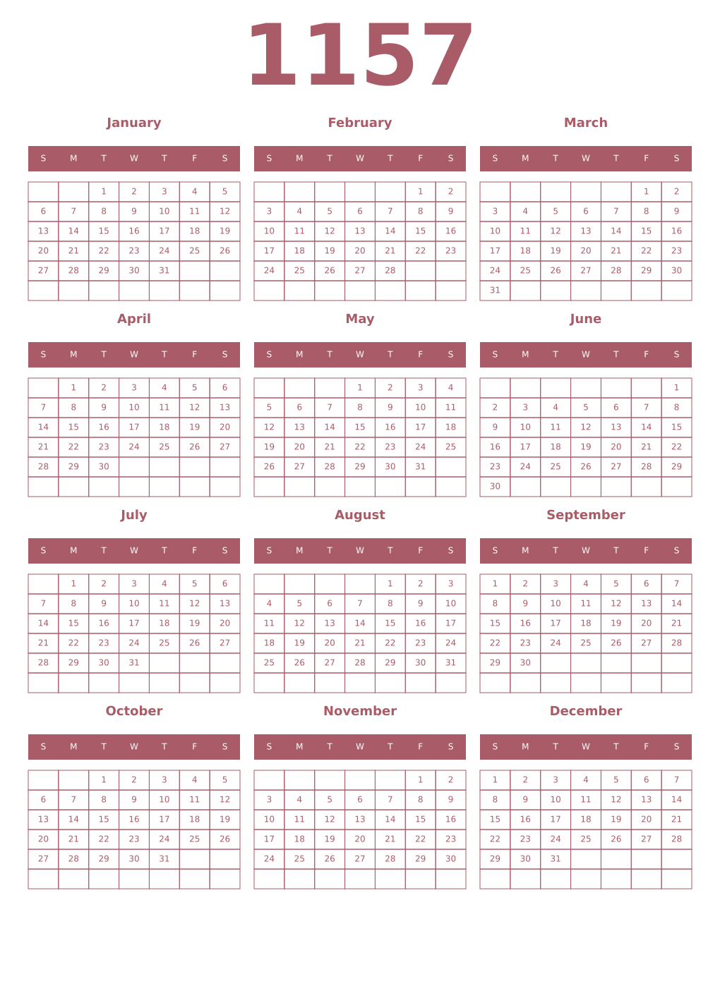 Printable 1157 Year Calendars puce