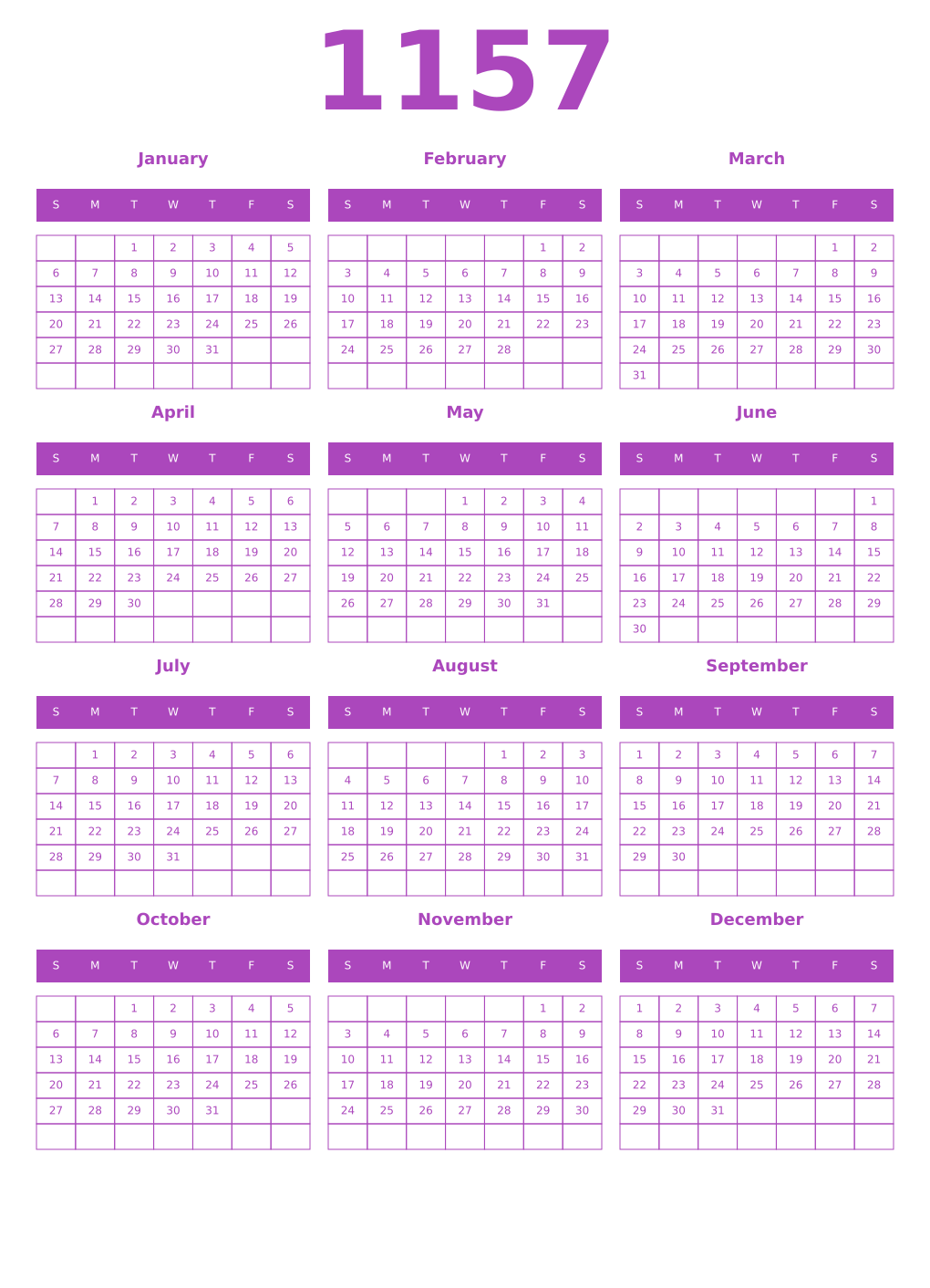 Printable 1157 Year Calendars purple