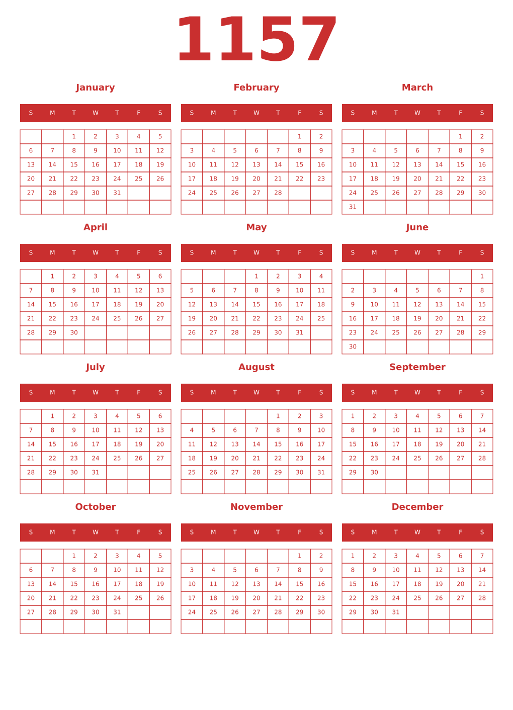 Printable 1157 Year Calendars red