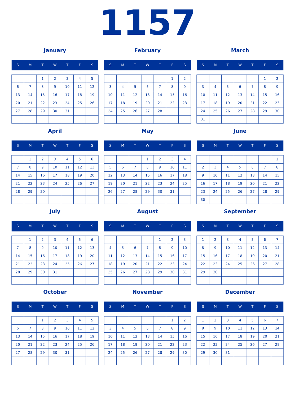 Printable 1157 Year Calendars smalt