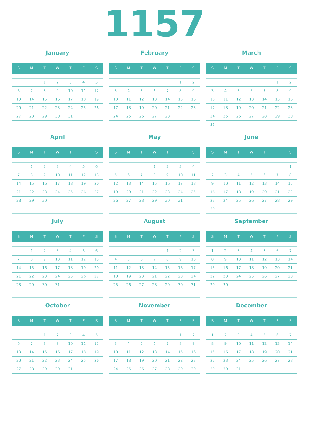 Printable 1157 Year Calendars verdigris