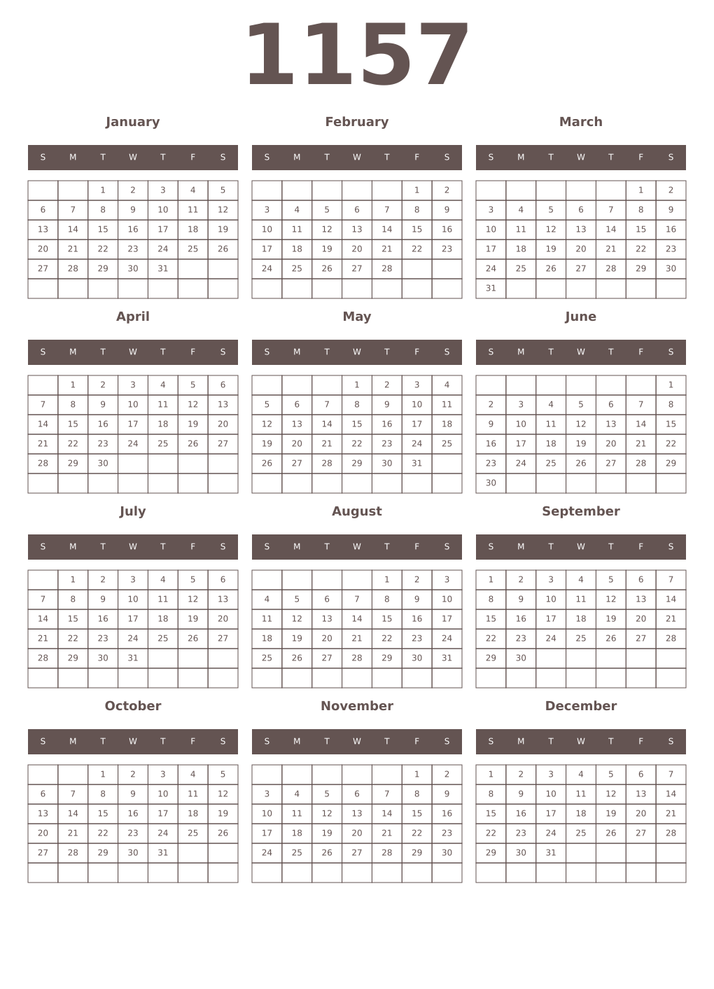 Printable 1157 Year Calendars wenge