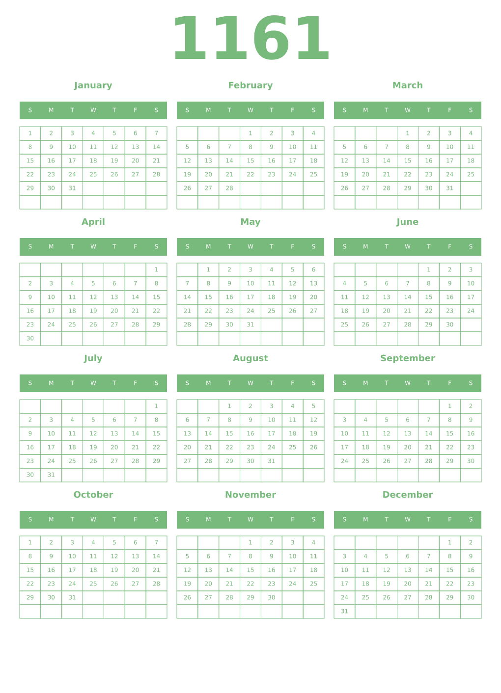 Printable 1161 Year Calendars celadon