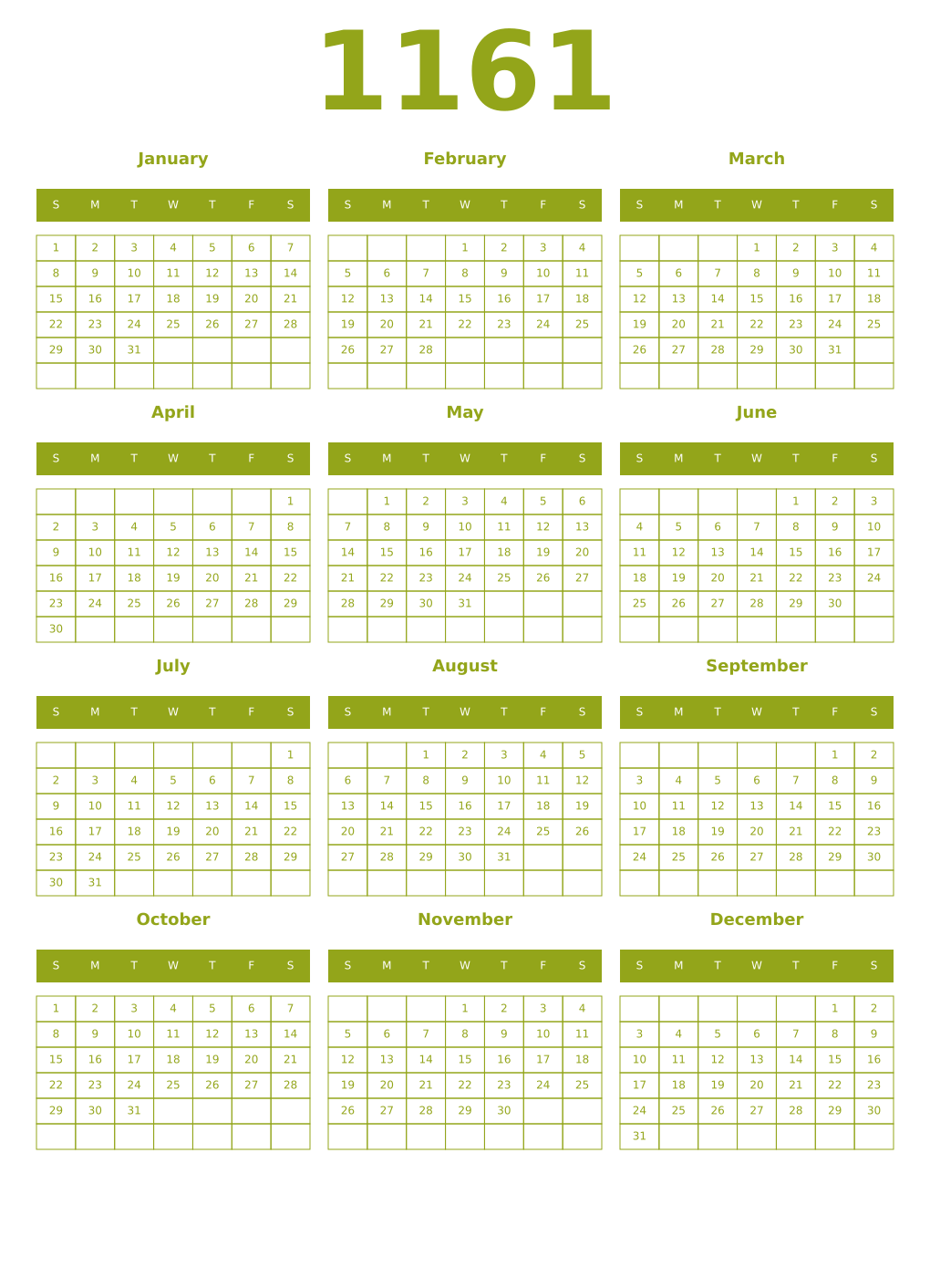 Printable 1161 Year Calendars chartreuse