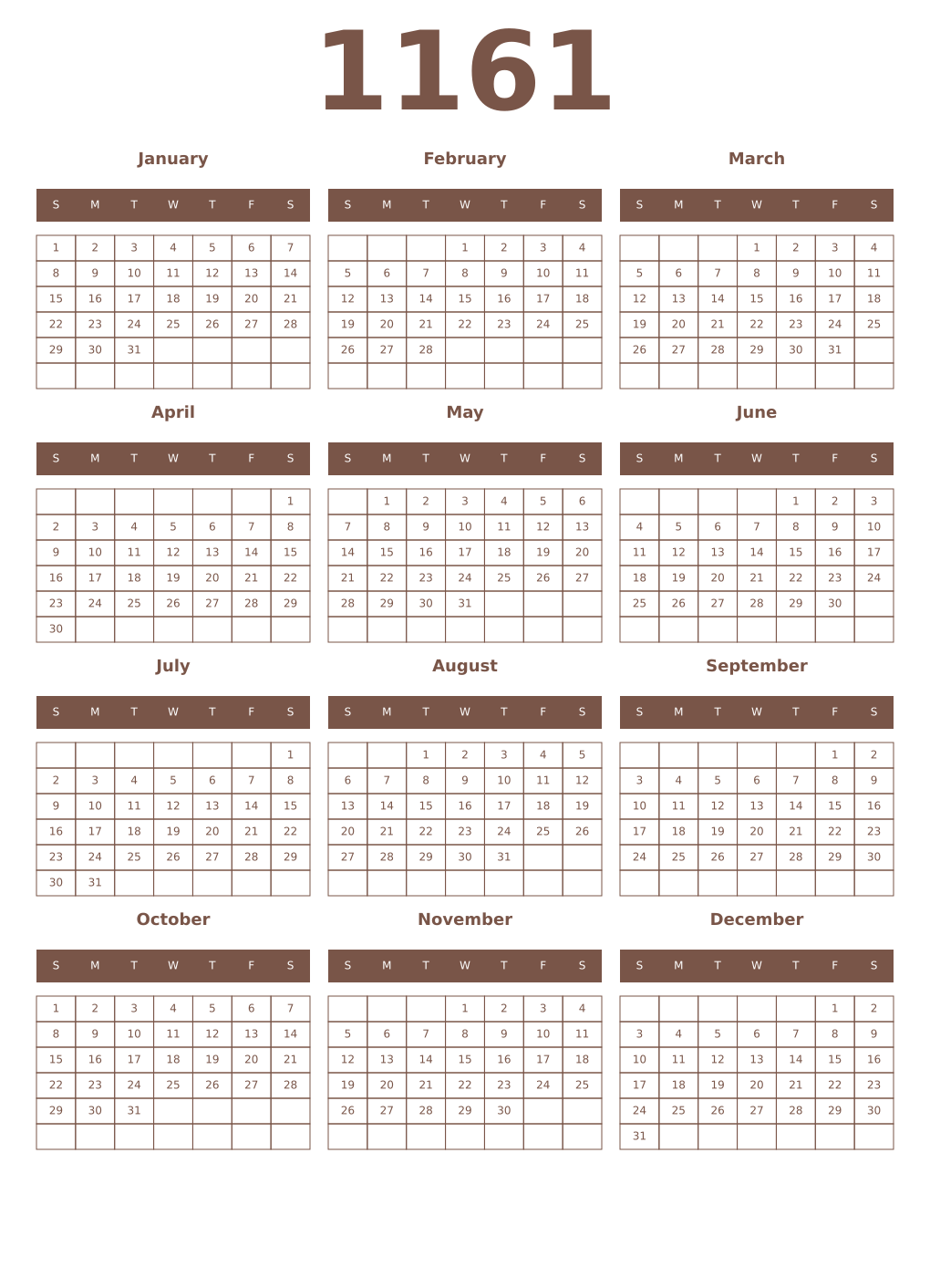 Printable 1161 Year Calendars coffe