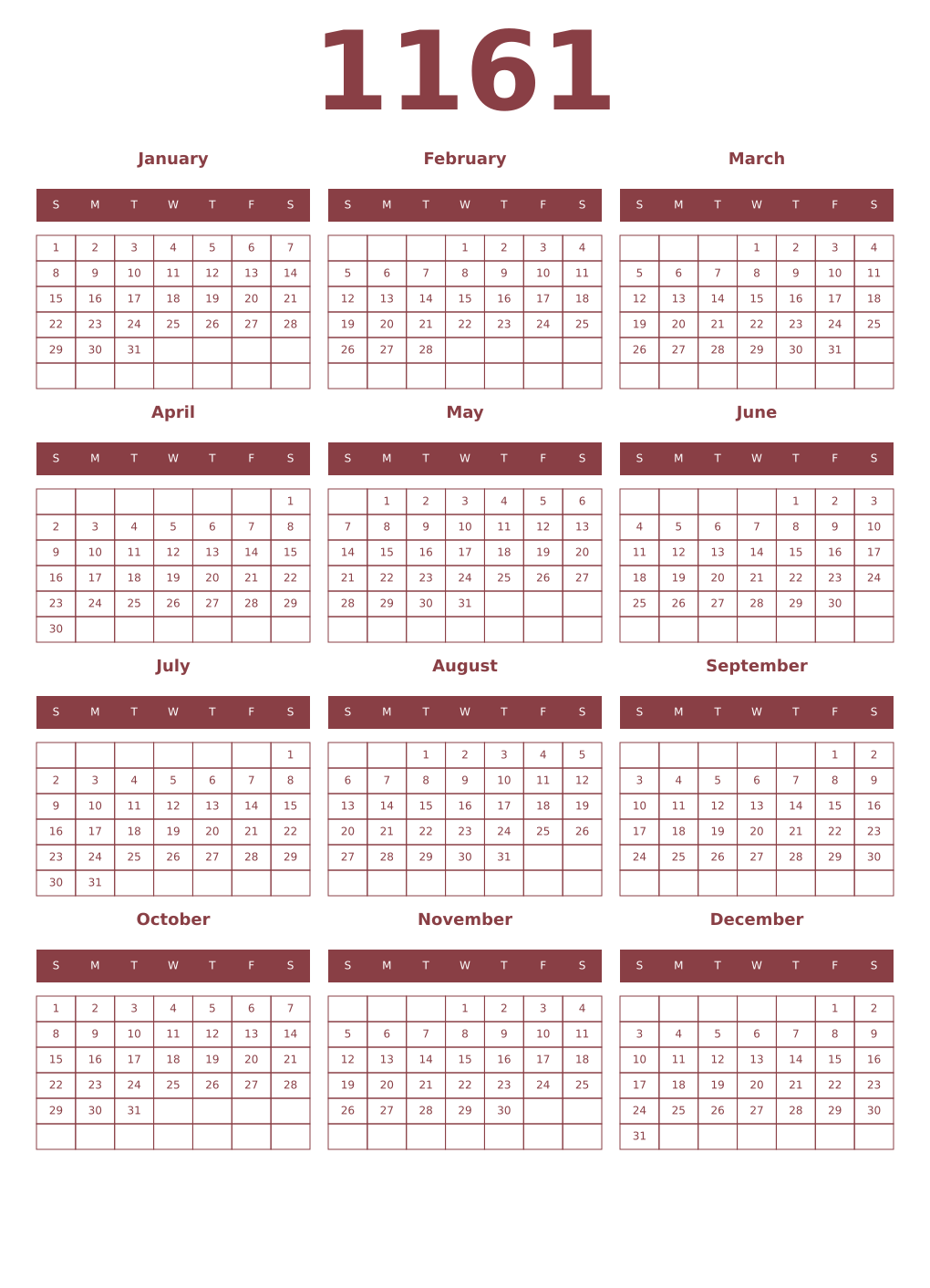 Printable 1161 Year Calendars cordovan