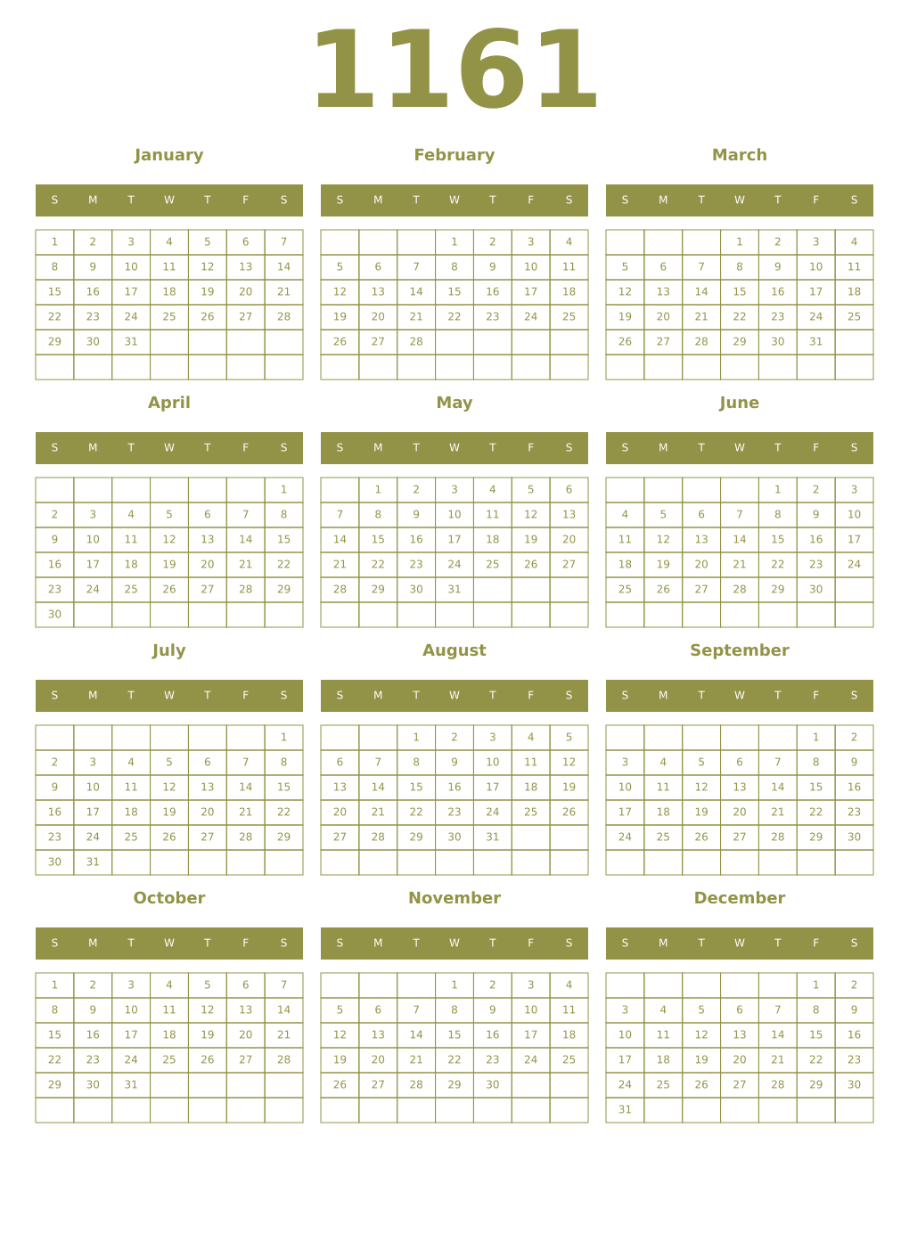 Printable 1161 Year Calendars eburnean