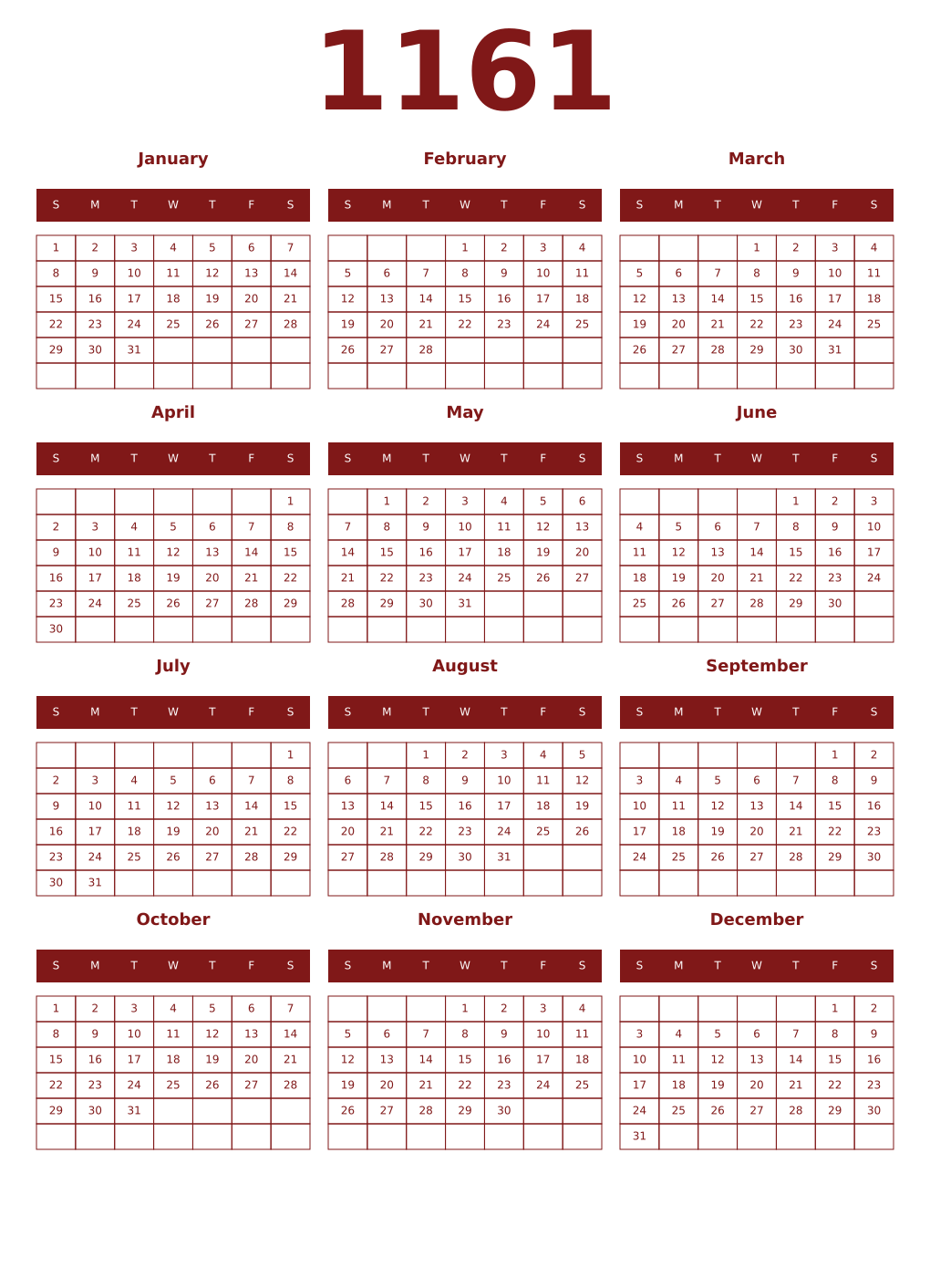 Printable 1161 Year Calendars falu