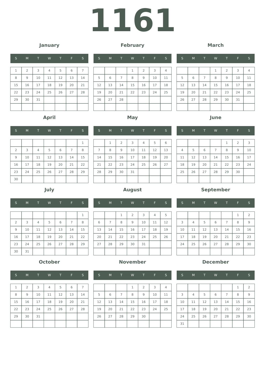 Printable 1161 Year Calendars feldgrau